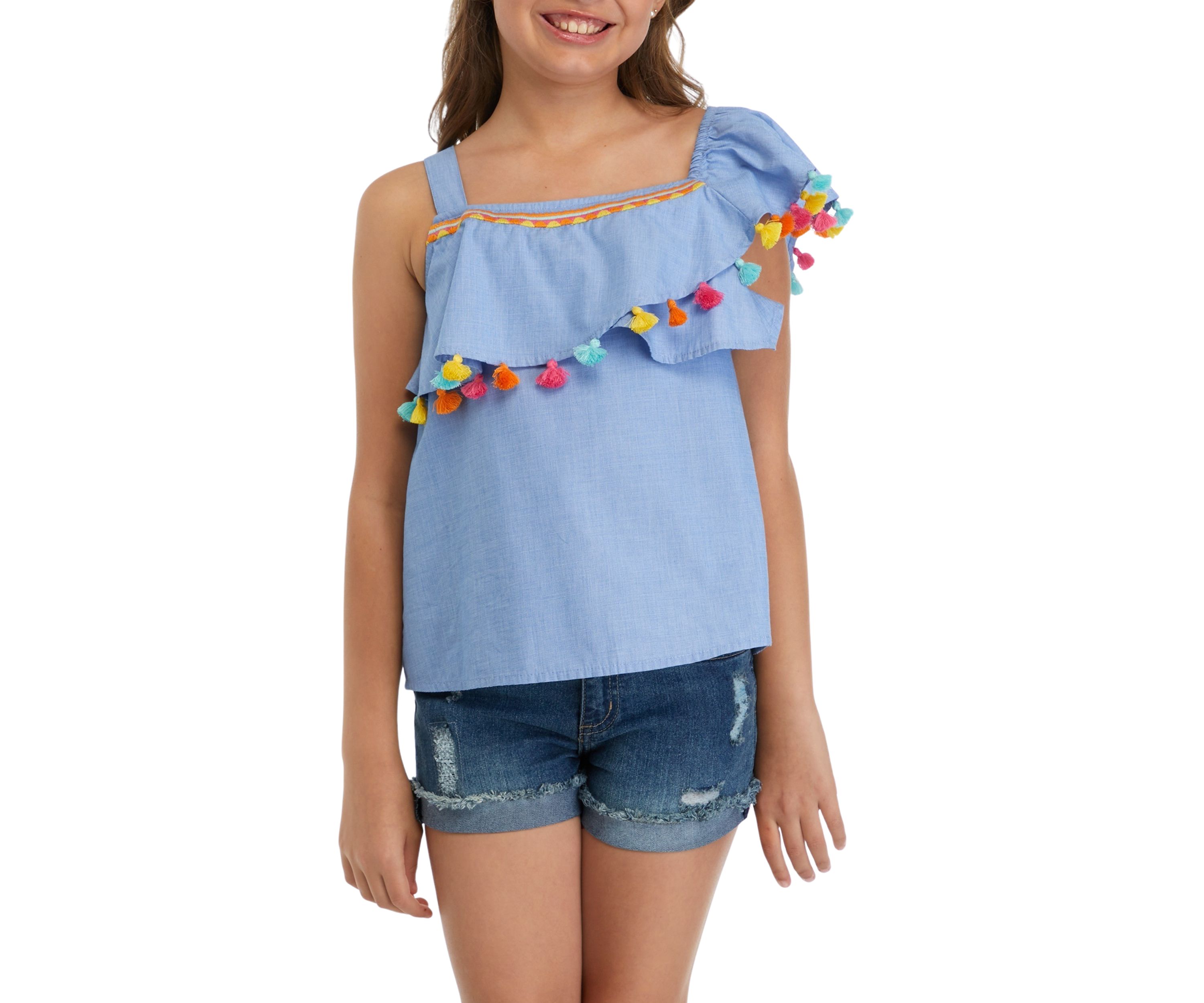 Girls 7-16 Pom One Shoulder Top