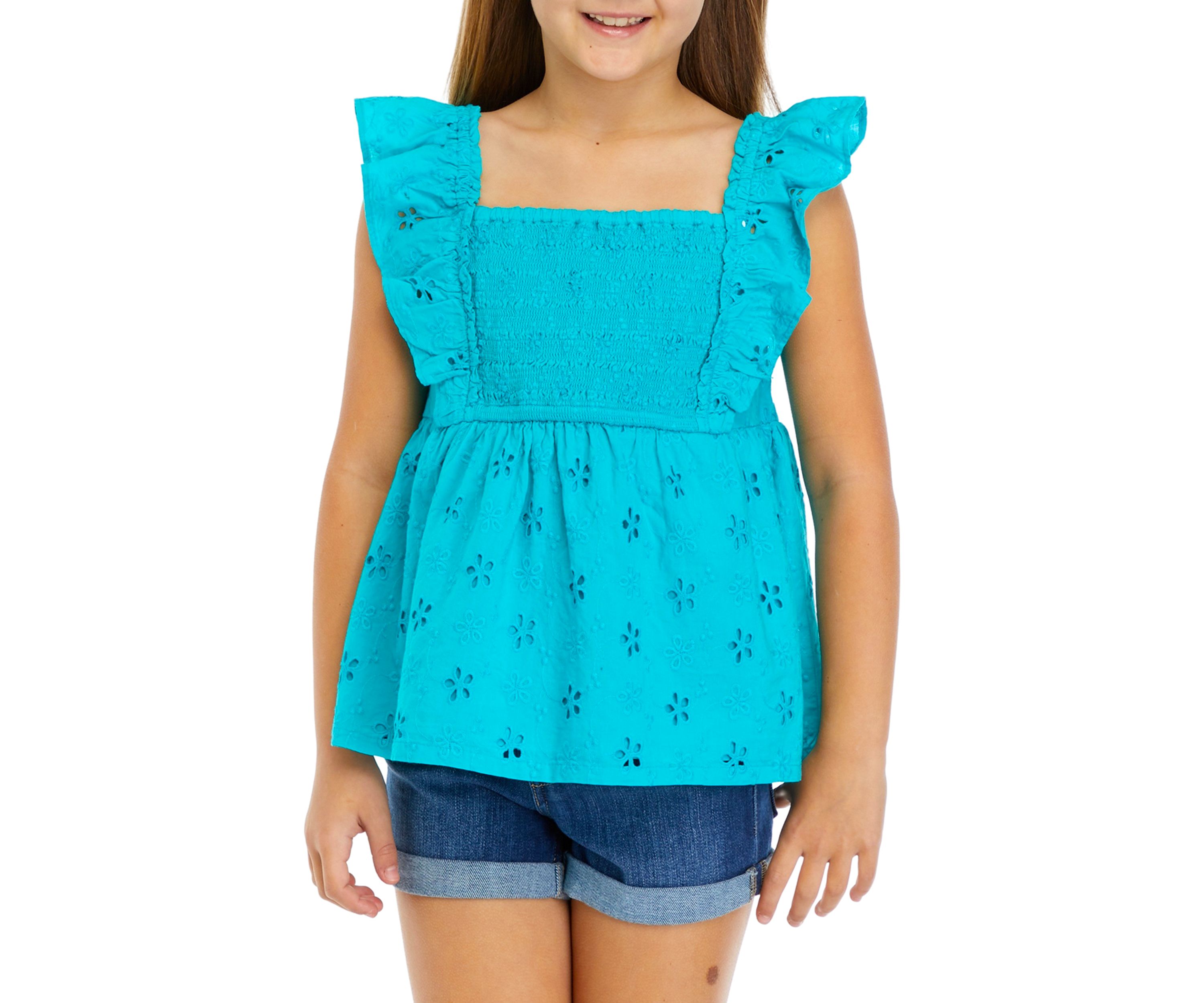 Girls 7-16 Eyelet Smocked Flutter Sleeve Top