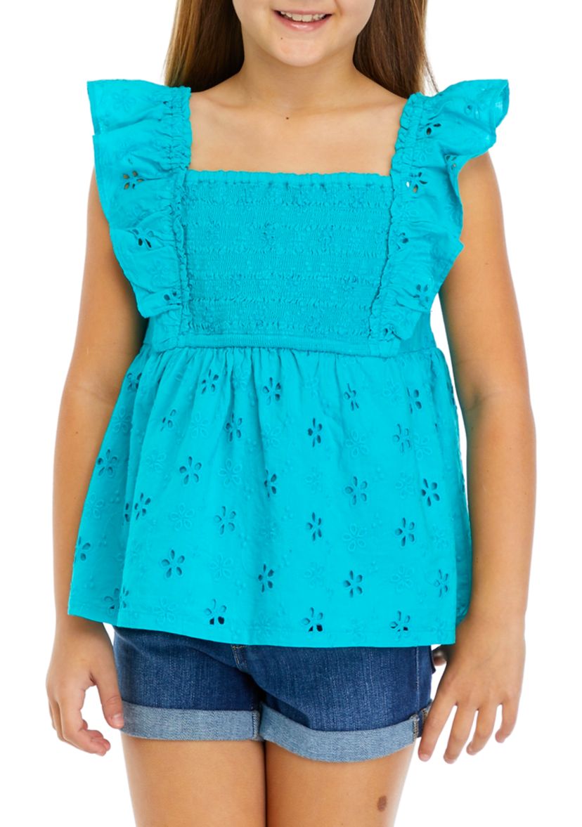 Girls 7-16 Eyelet Smocked Flutter Sleeve Top