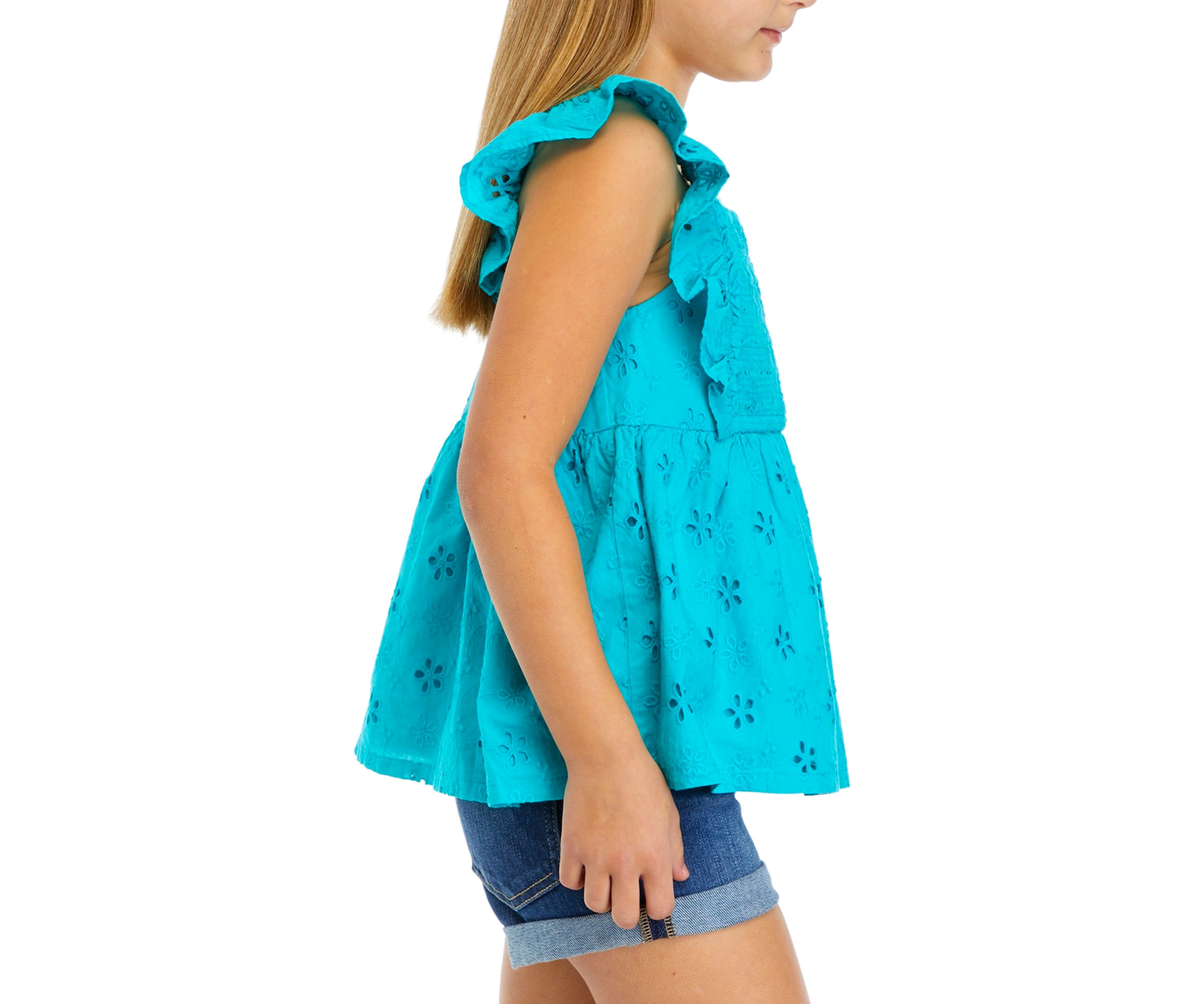 Girls 7-16 Eyelet Smocked Flutter Sleeve Top