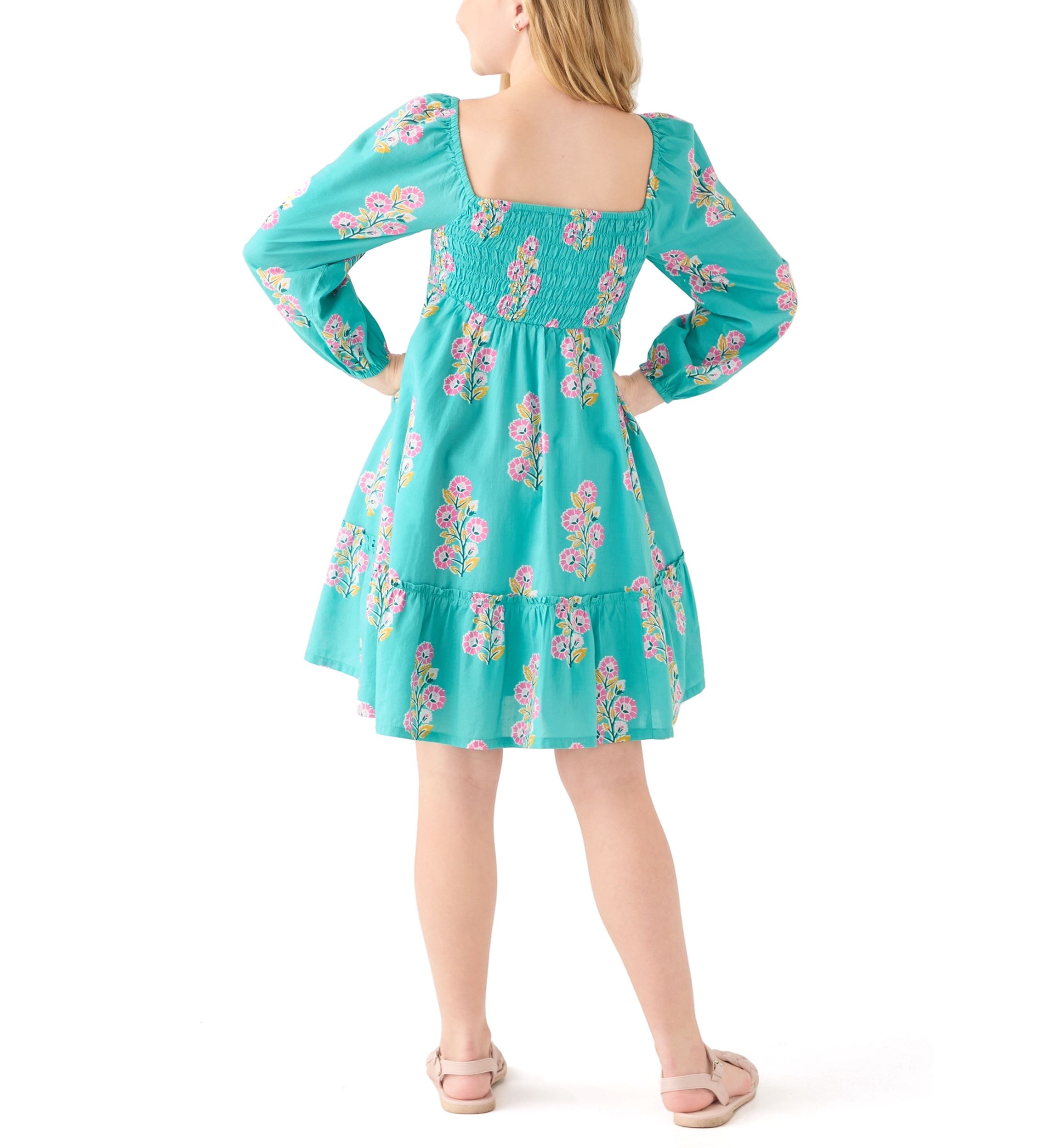 Girls 7-16 Long Sleeve Smocked Printed Dress