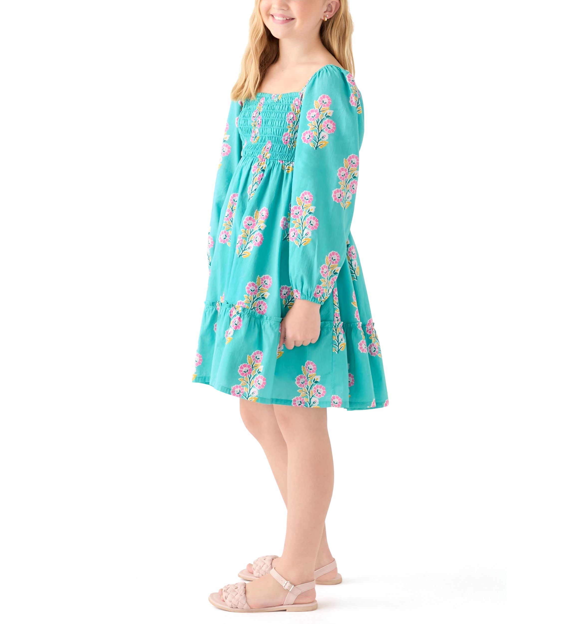 Girls 7-16 Long Sleeve Smocked Printed Dress