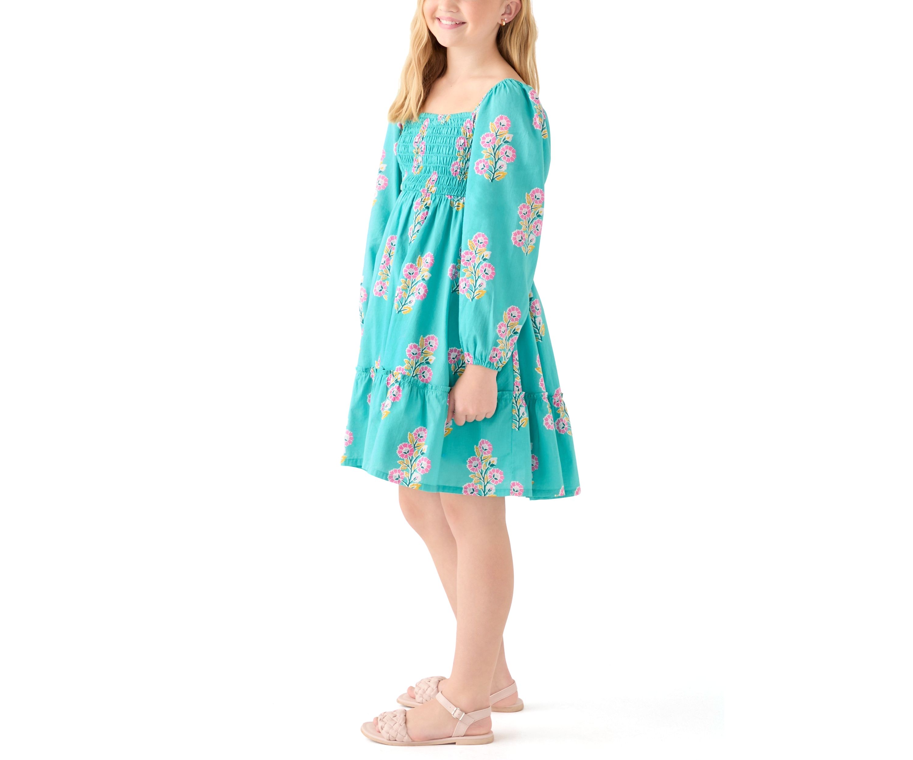 Girls 7-16 Long Sleeve Smocked Printed Dress