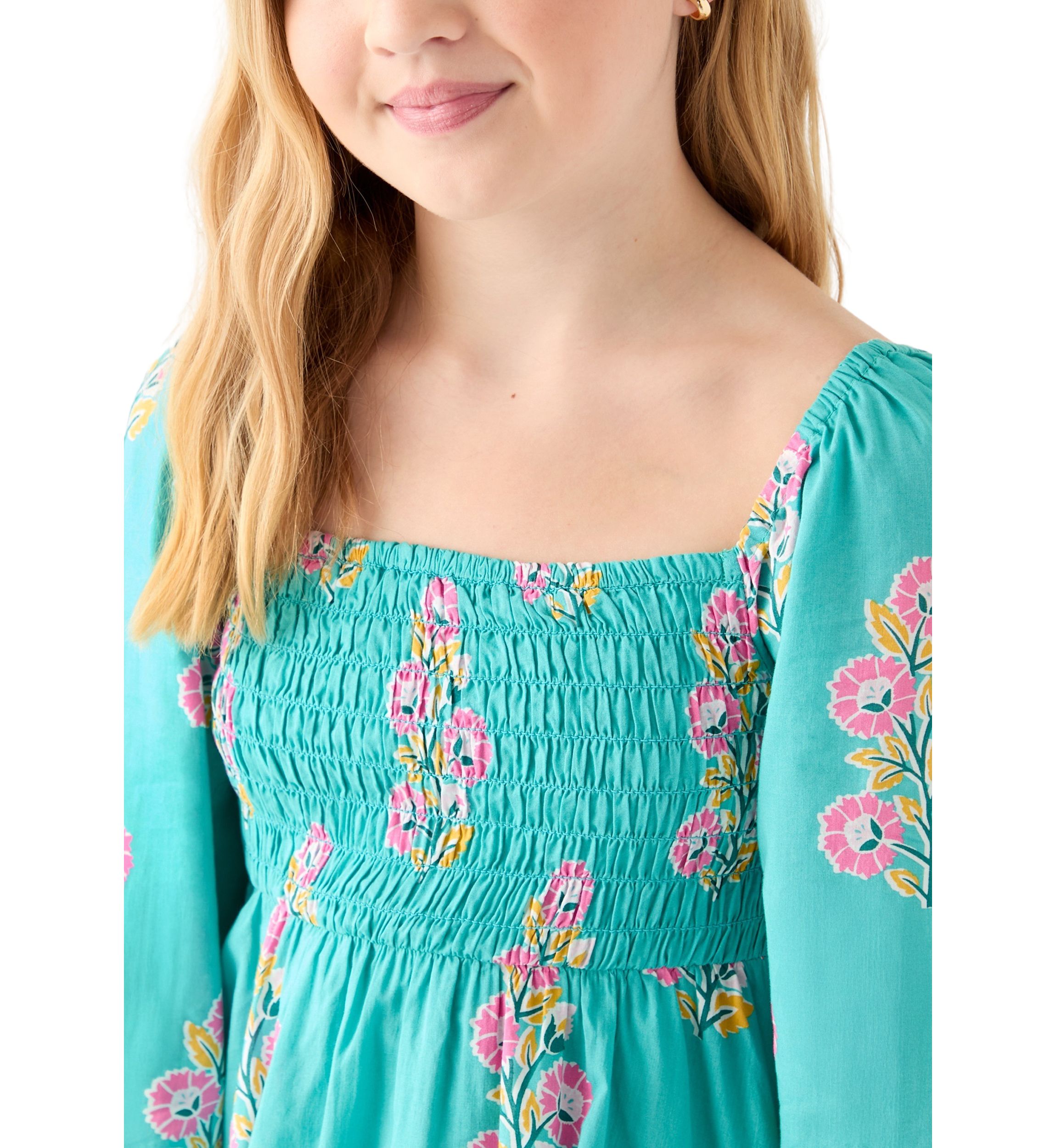 Girls 7-16 Long Sleeve Smocked Printed Dress