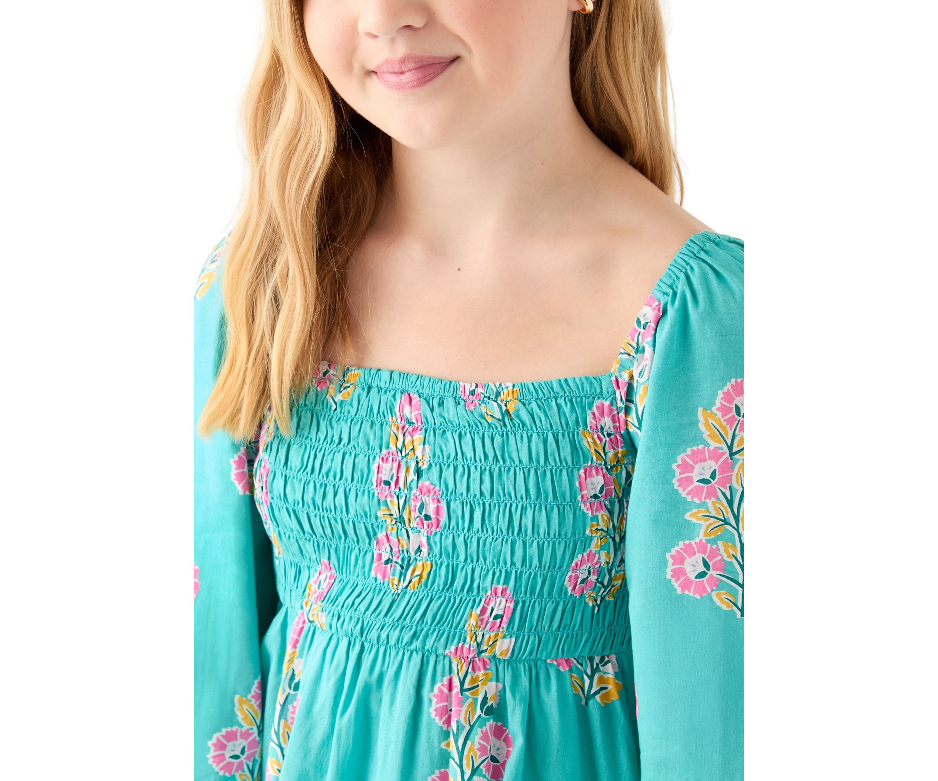 Girls 7-16 Long Sleeve Smocked Printed Dress