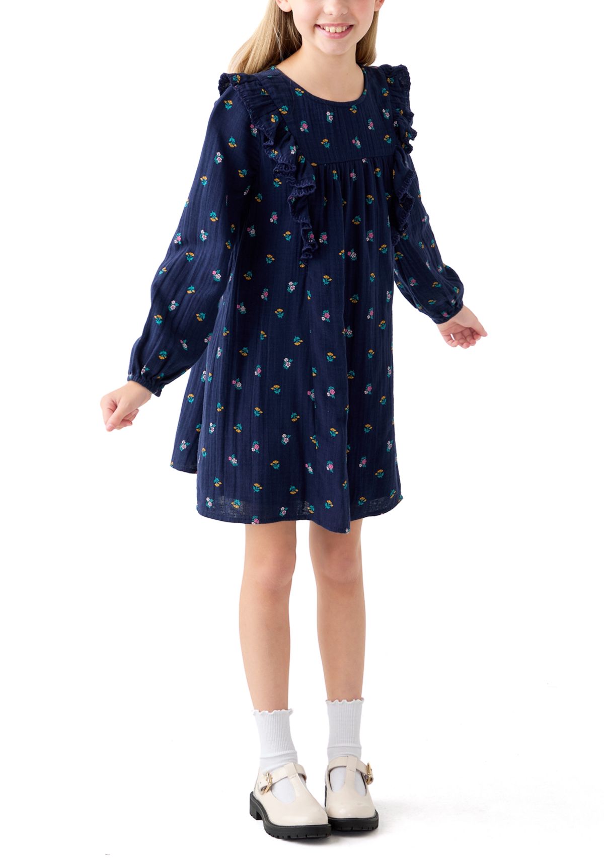 Girls 7-16 Gauze Ruffle Front Floral Dress