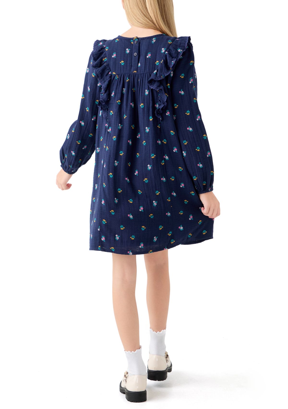 Girls 7-16 Gauze Ruffle Front Floral Dress