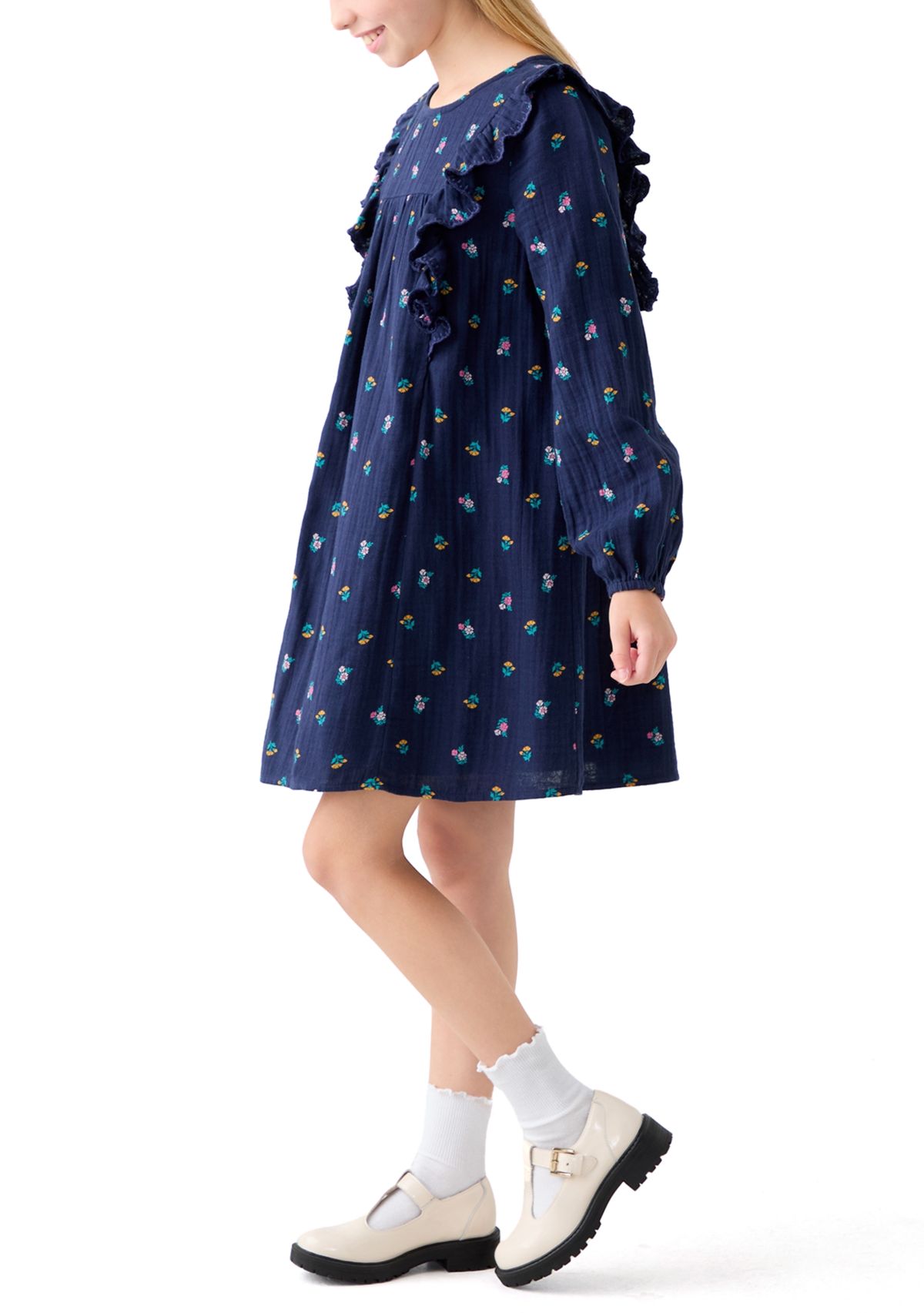 Girls 7-16 Gauze Ruffle Front Floral Dress