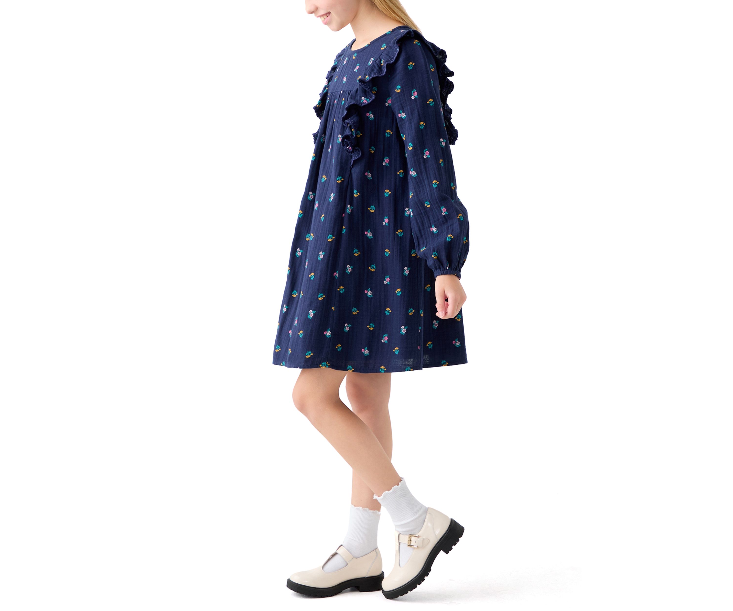 Girls 7-16 Gauze Ruffle Front Floral Dress