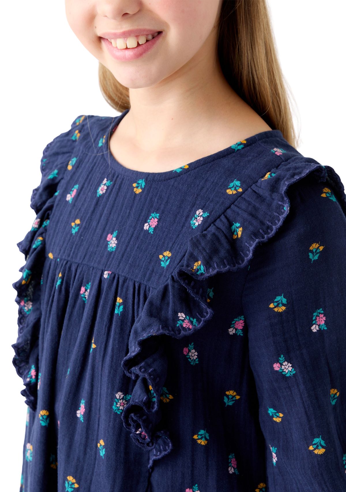 Girls 7-16 Gauze Ruffle Front Floral Dress