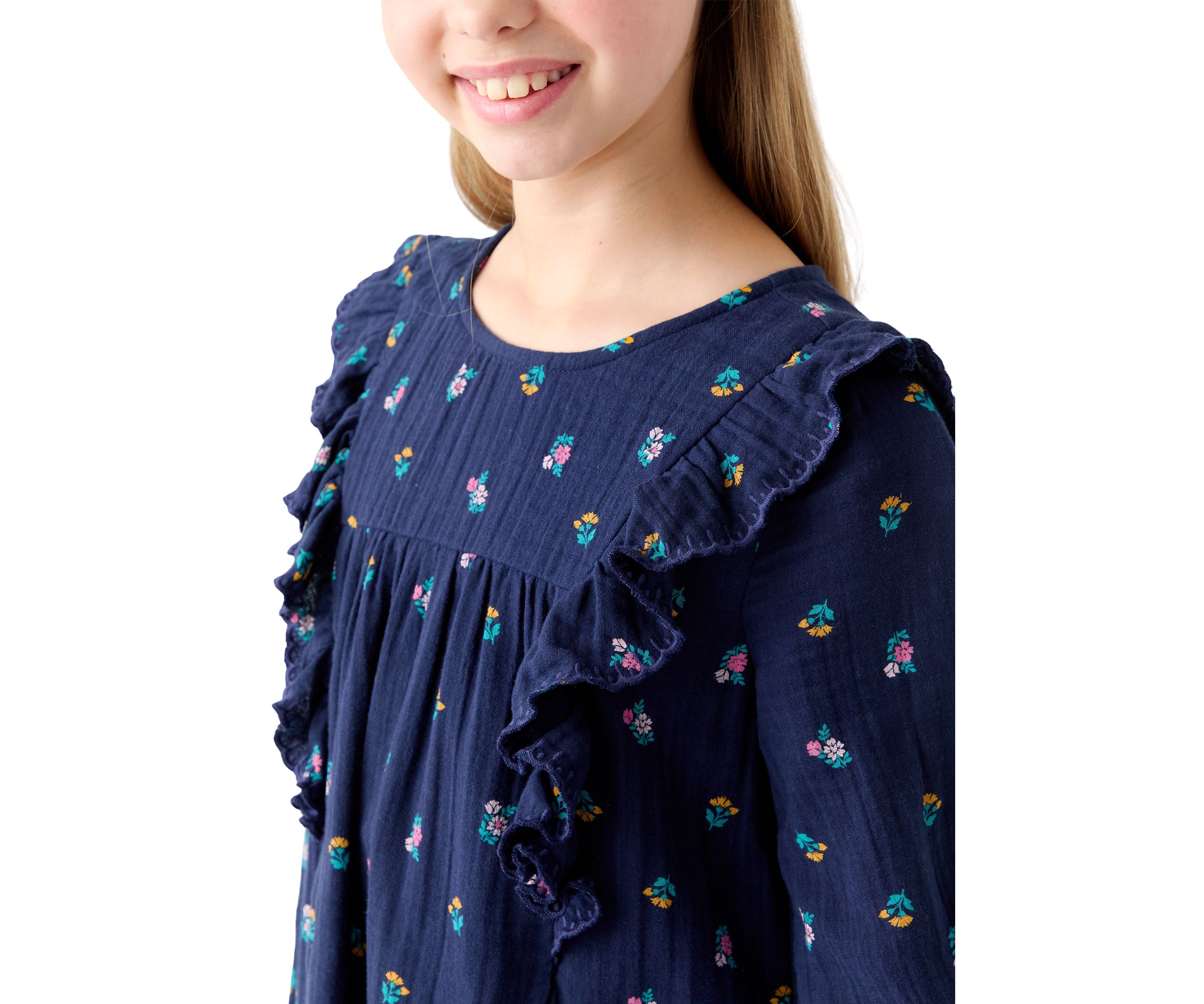 Girls 7-16 Gauze Ruffle Front Floral Dress
