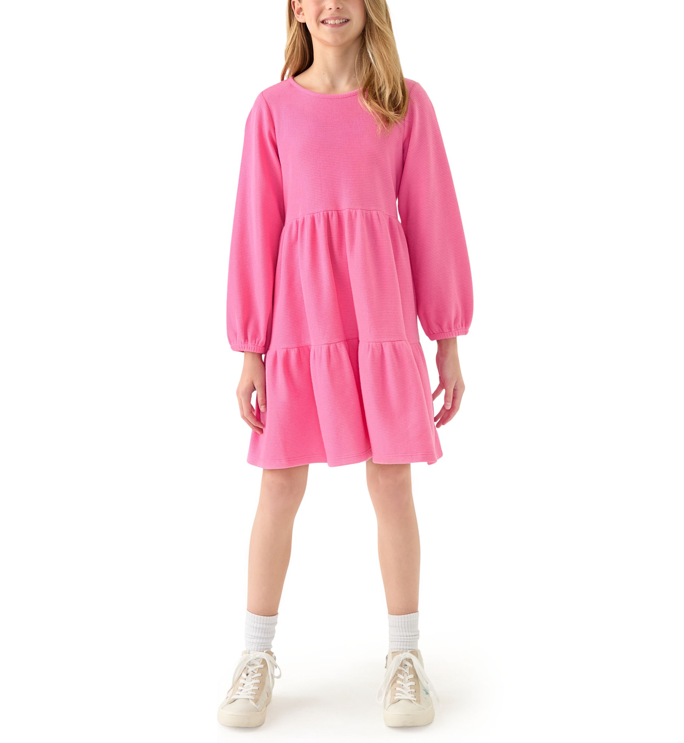 Girls 7-16 Long Sleeve Tiered Waffle Dress