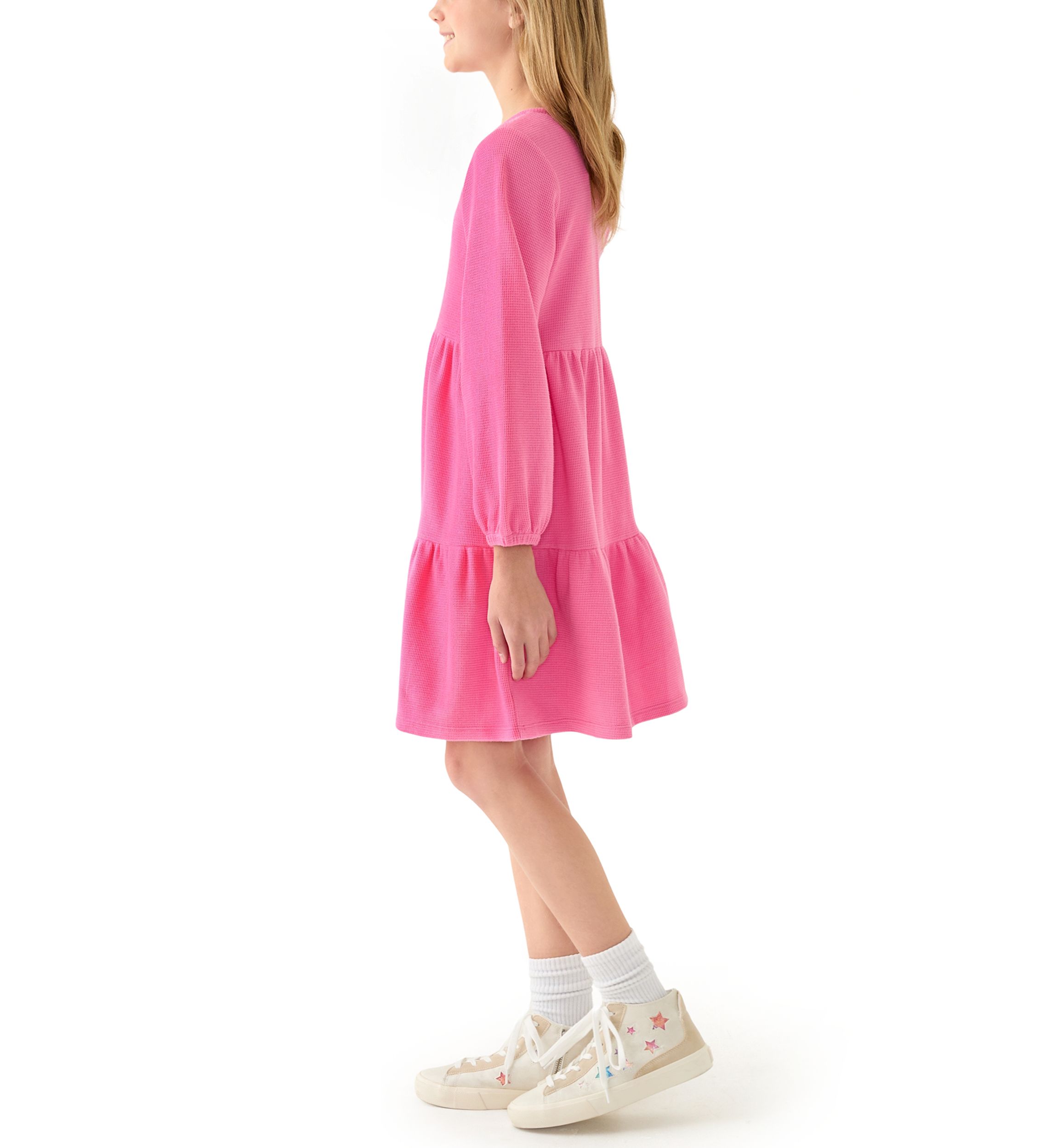 Girls 7-16 Long Sleeve Tiered Waffle Dress