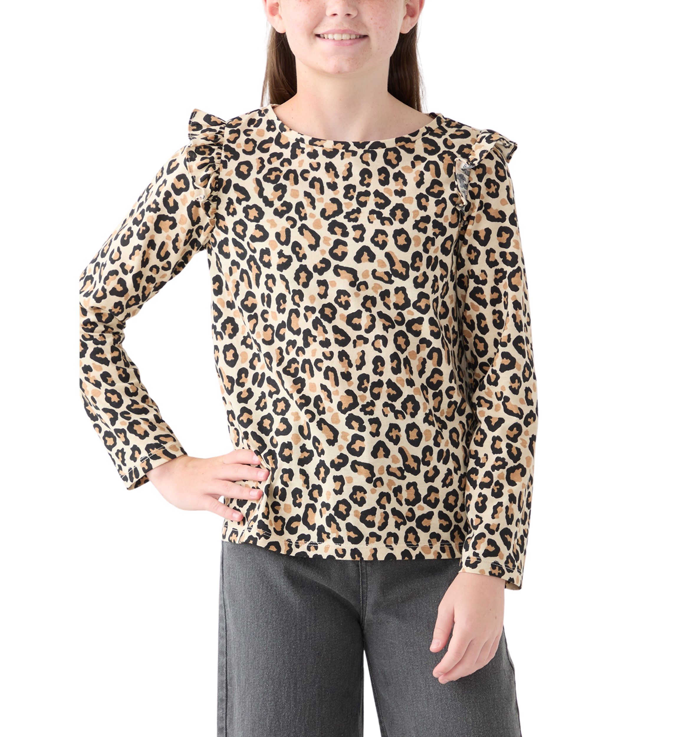 Girls 7-16 Long Sleeve Printed Ruffle Shoulder T-Shirt 