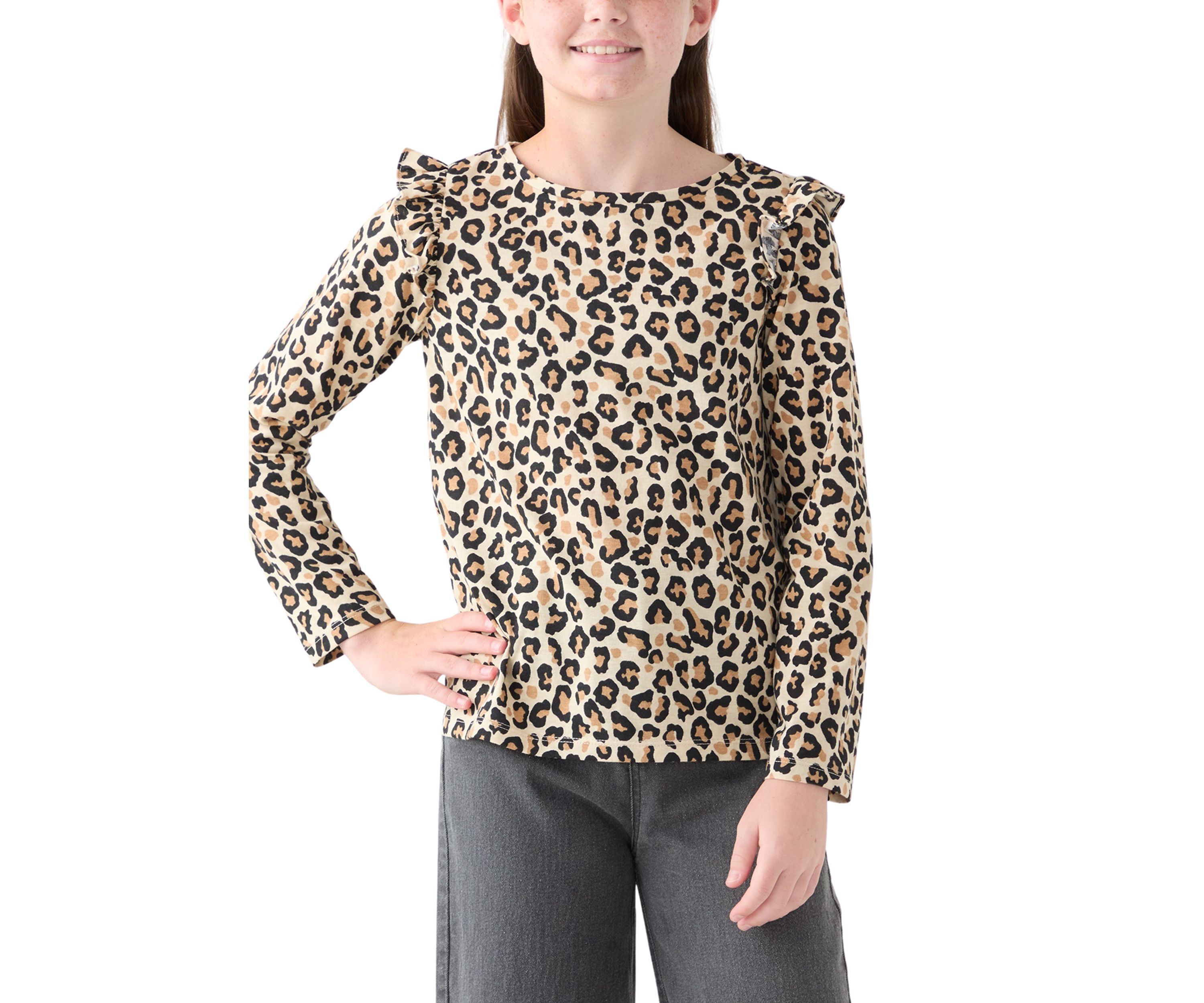 Girls 7-16 Long Sleeve Printed Ruffle Shoulder T-Shirt 