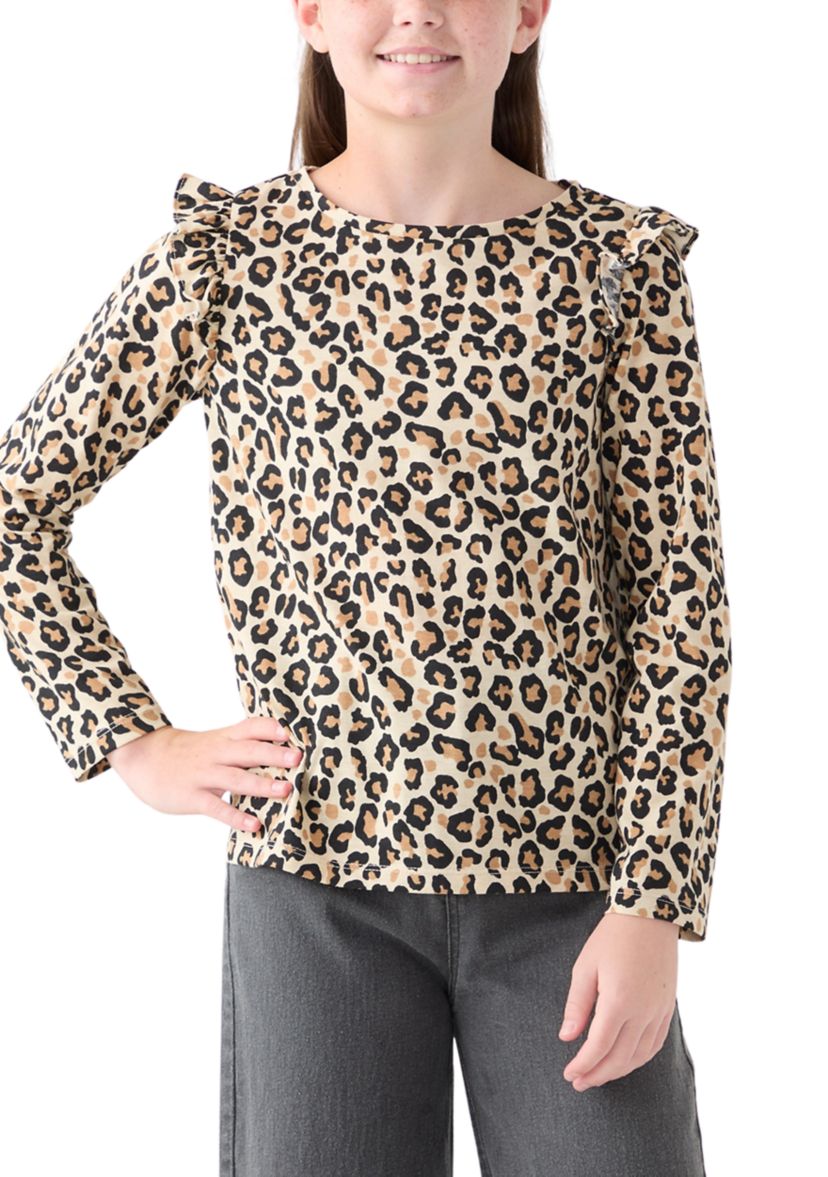 Girls 7-16 Long Sleeve Printed Ruffle Shoulder T-Shirt 