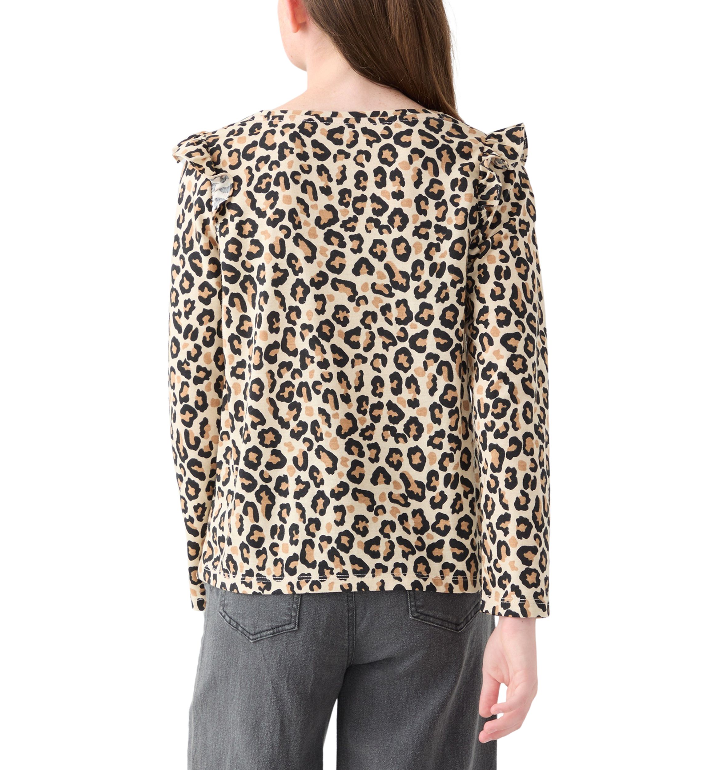 Girls 7-16 Long Sleeve Printed Ruffle Shoulder T-Shirt 