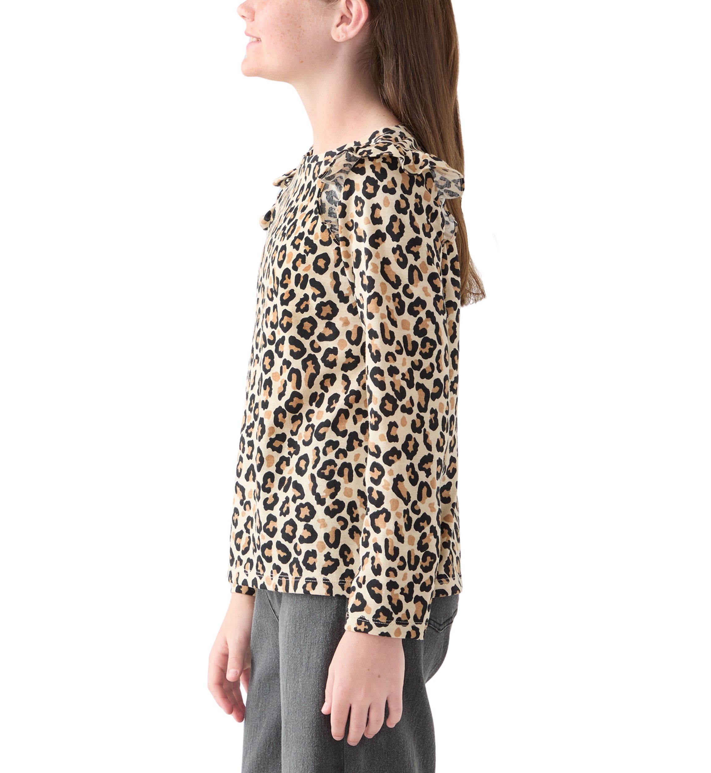 Girls 7-16 Long Sleeve Printed Ruffle Shoulder T-Shirt 