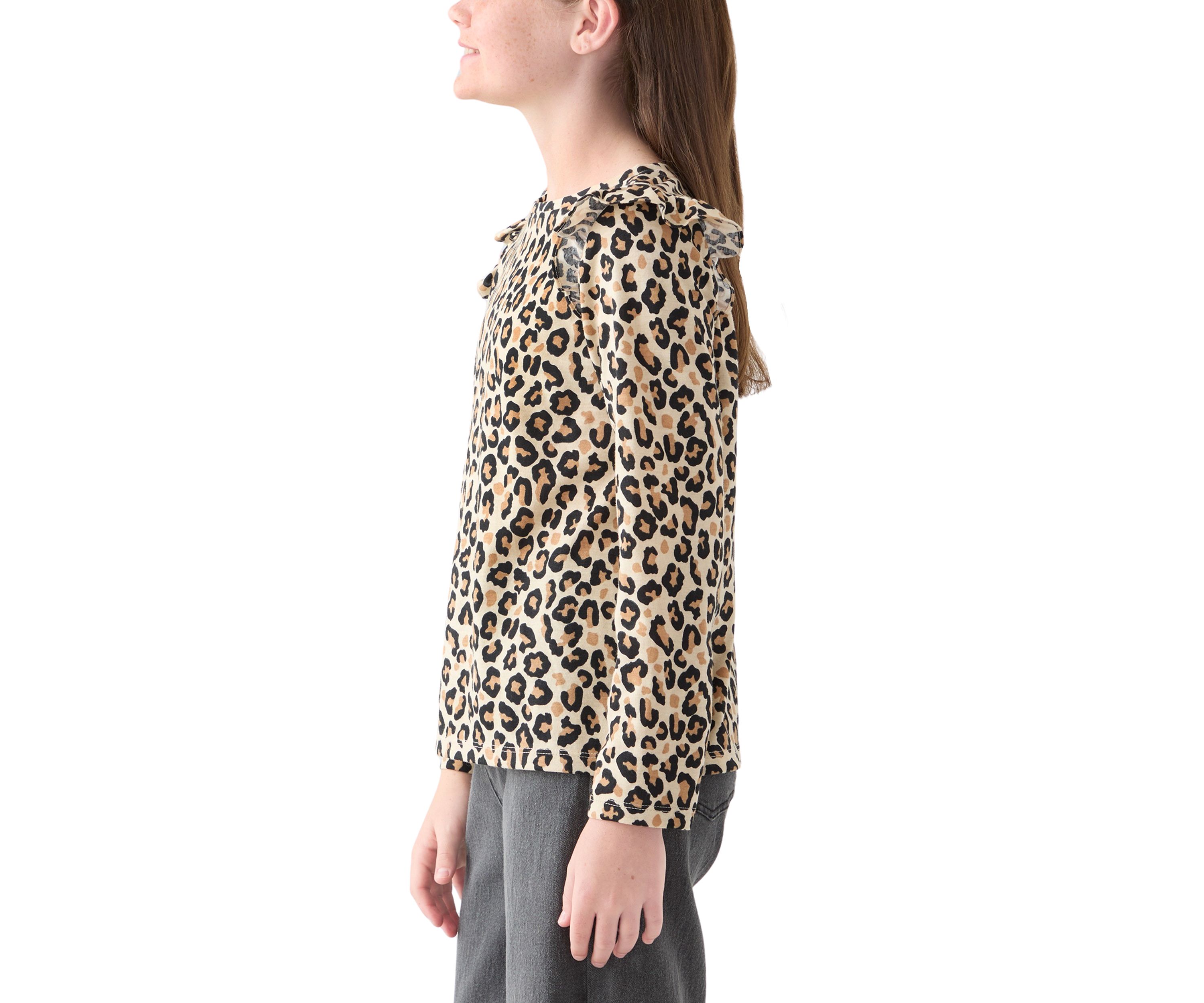 Girls 7-16 Long Sleeve Printed Ruffle Shoulder T-Shirt 