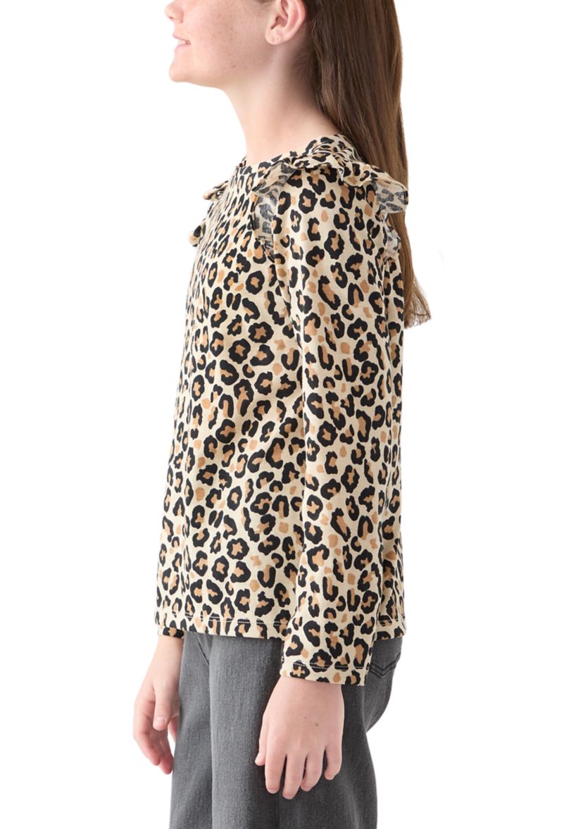 Girls 7-16 Long Sleeve Printed Ruffle Shoulder T-Shirt 