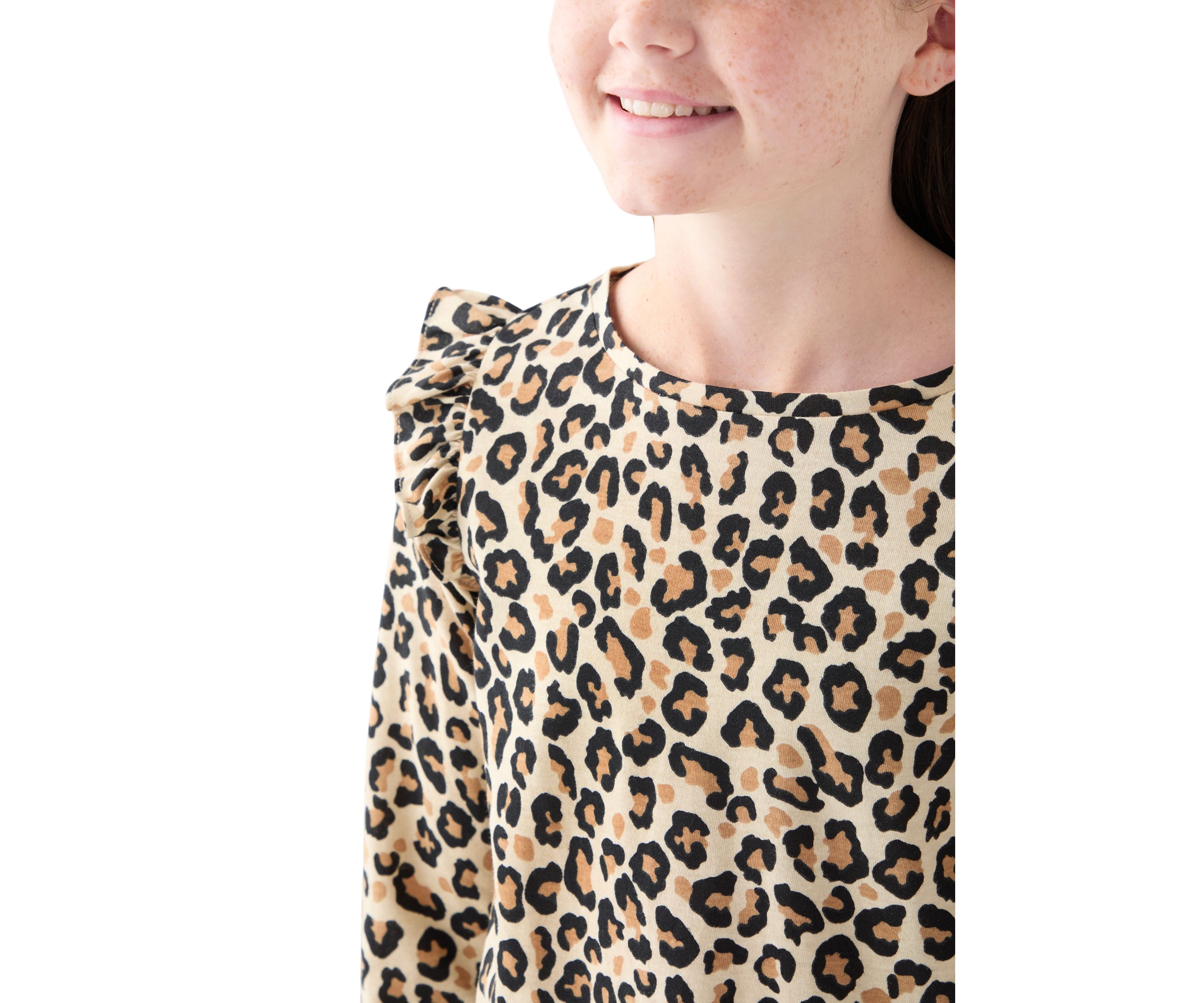 Girls 7-16 Long Sleeve Printed Ruffle Shoulder T-Shirt 