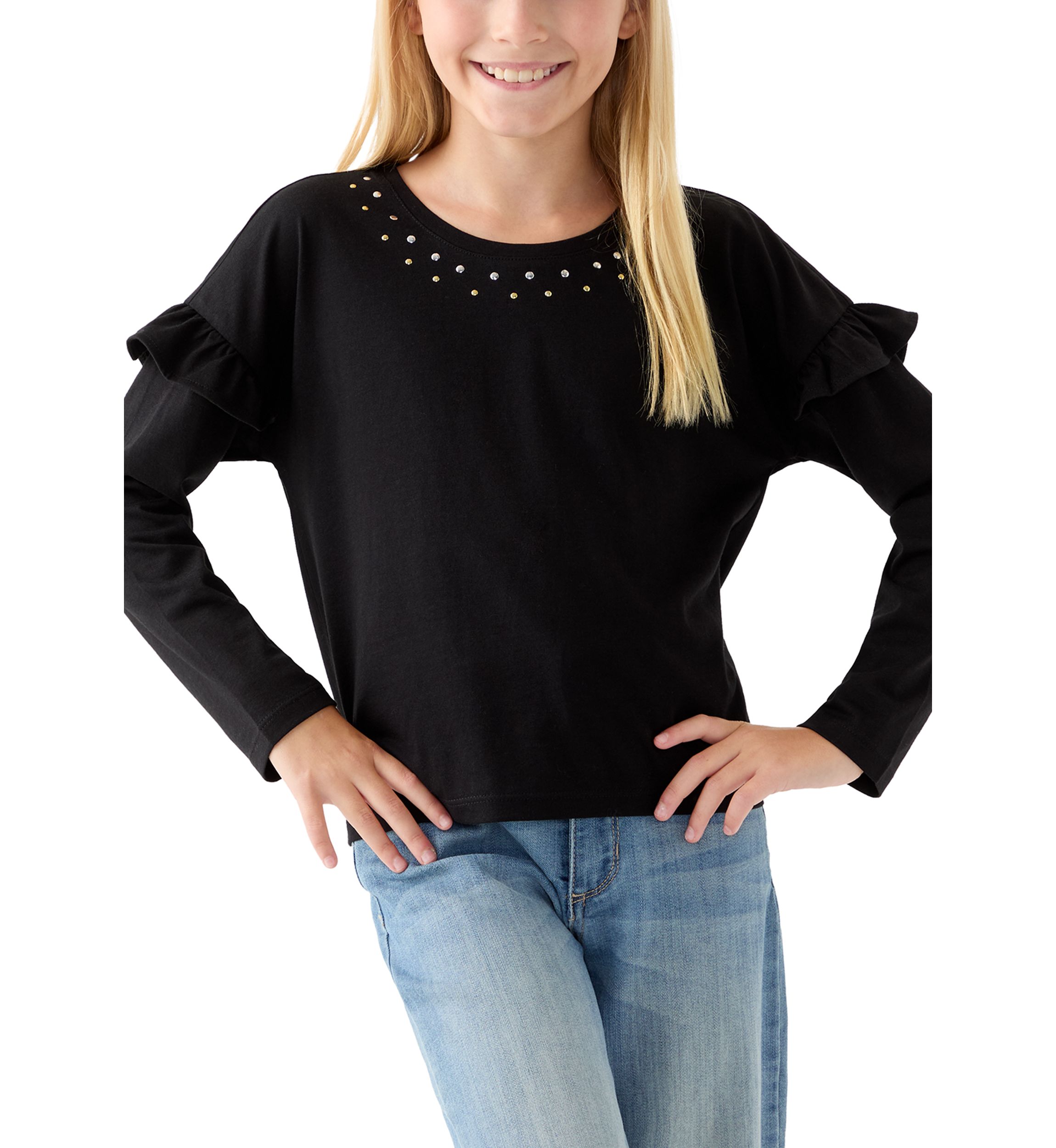 Girls 7-16 Long Ruffle Sleeve Embellished T-Shirt 