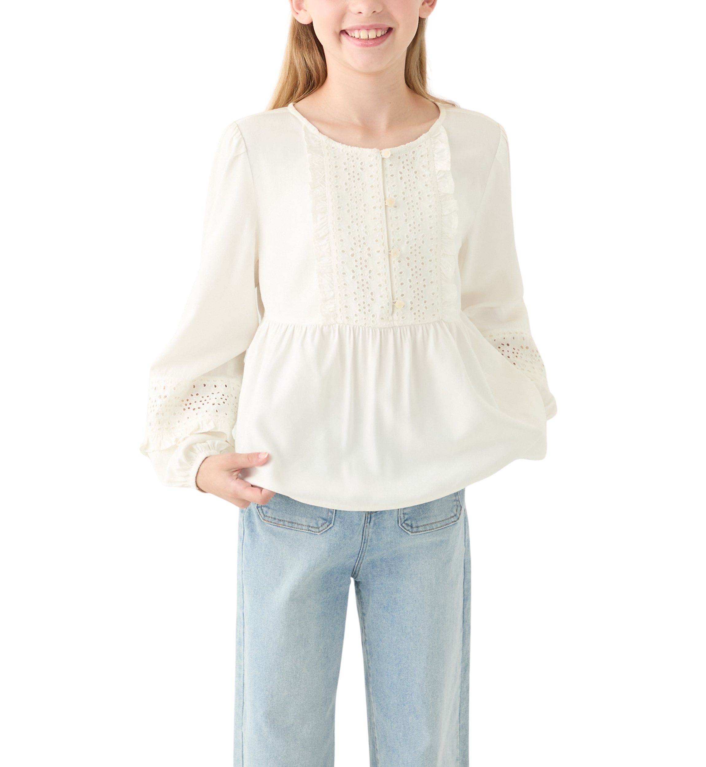 Girls 7-16 Cotton Eyelet Trim Top 