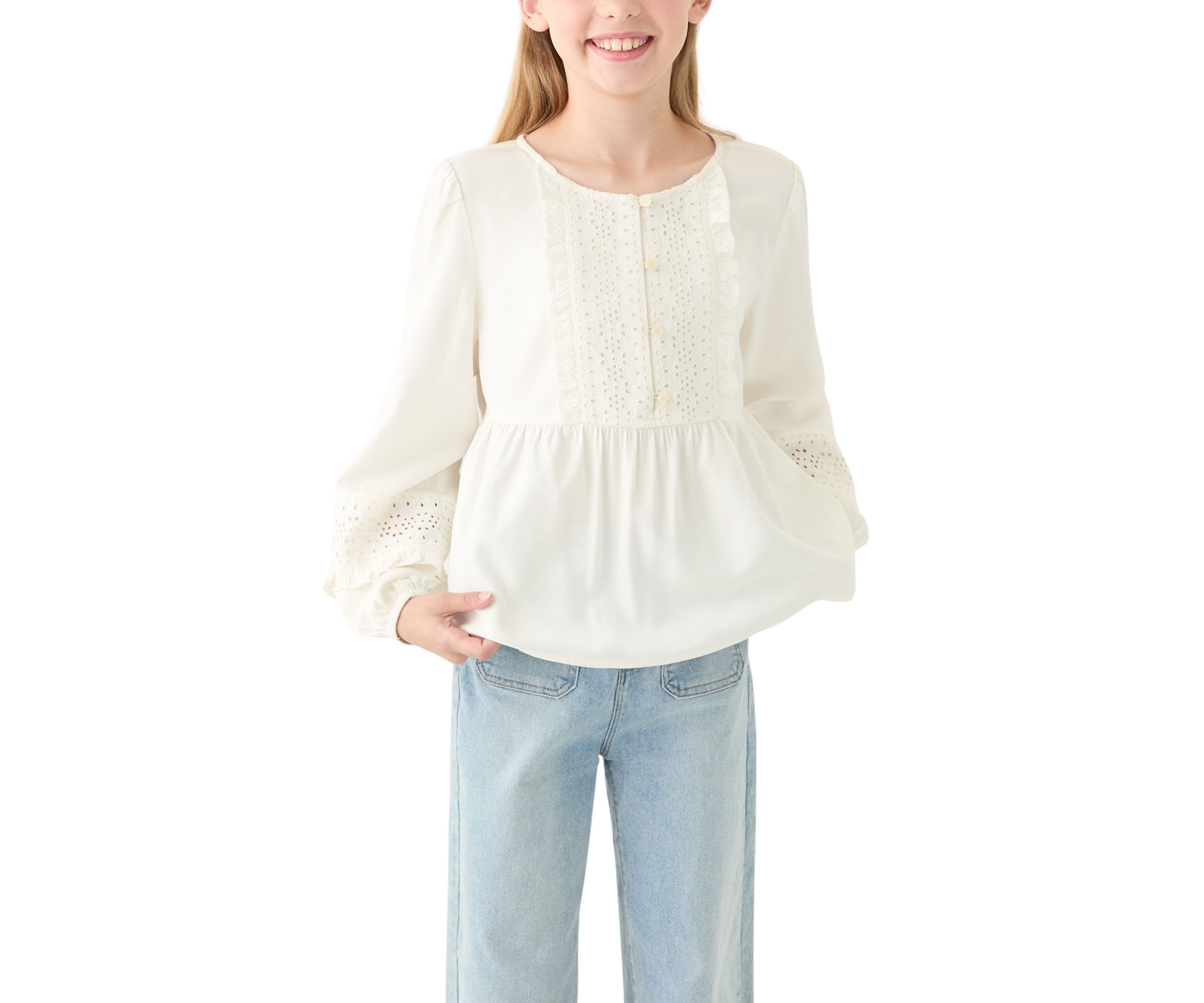 Girls 7-16 Cotton Eyelet Trim Top 