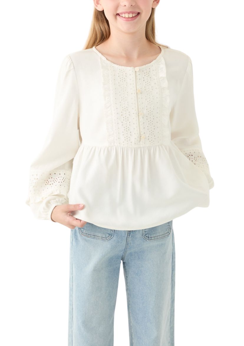 Girls 7-16 Cotton Eyelet Trim Top 