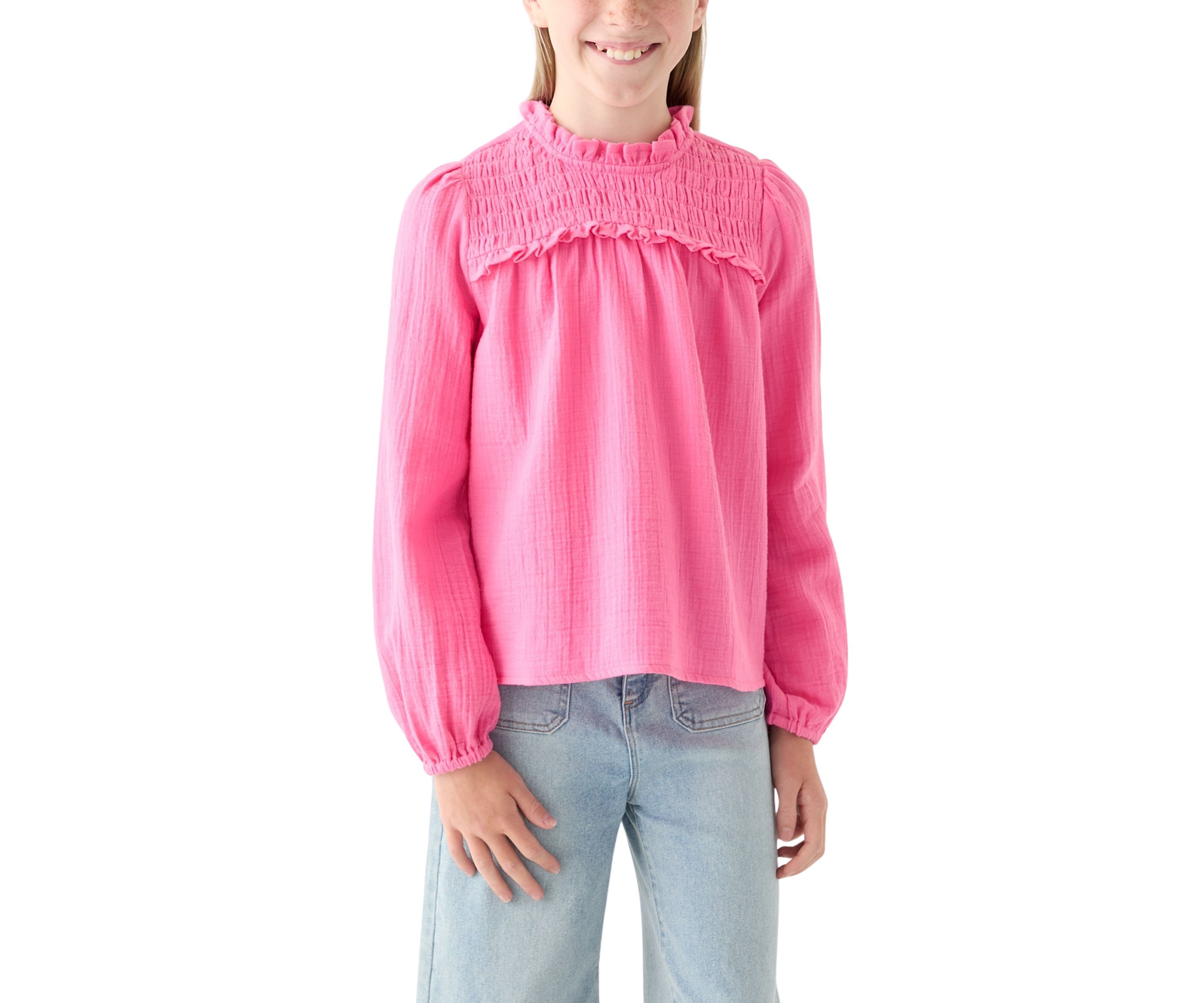 Girls 7-16 Long Sleeve Ruffle Neck Top