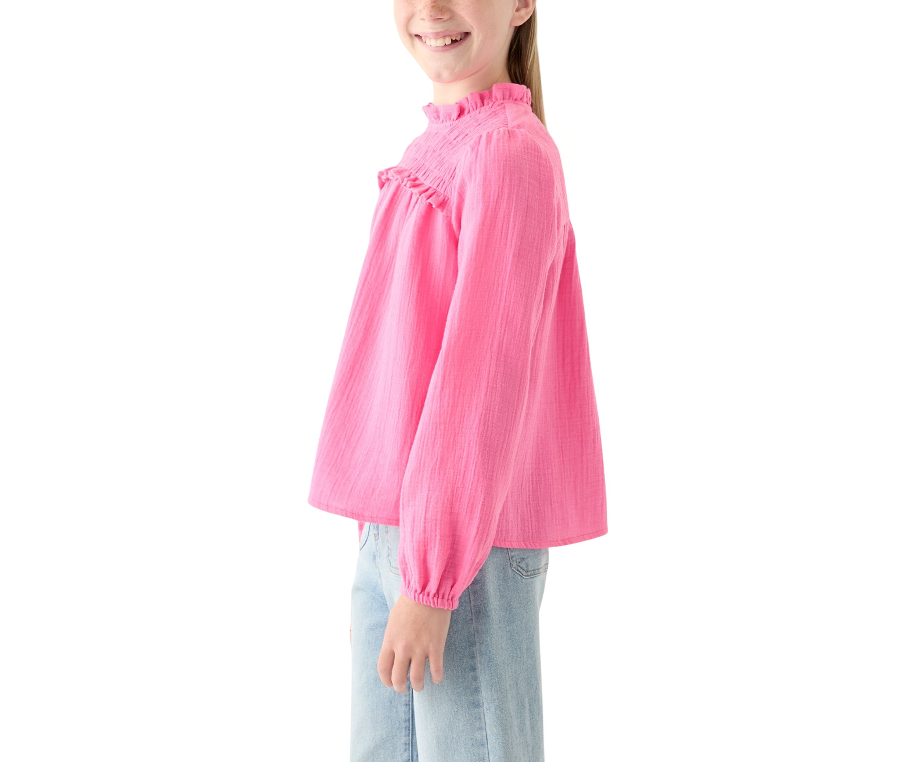 Girls 7-16 Long Sleeve Ruffle Neck Top