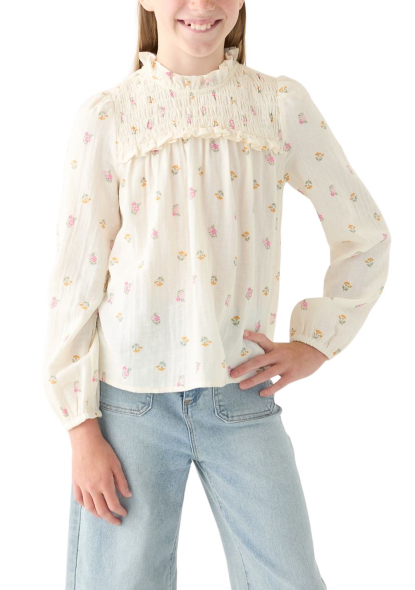 Girls 7-16 Long Sleeve Ruffle Neck Printed Top