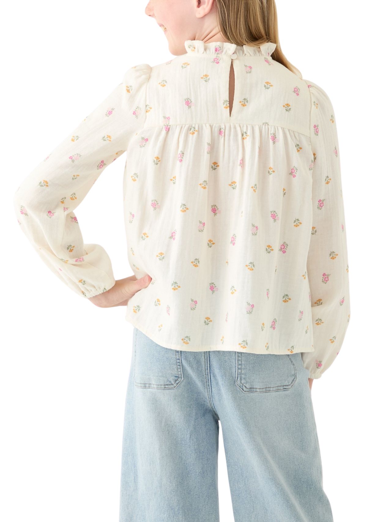Girls 7-16 Long Sleeve Ruffle Neck Printed Top