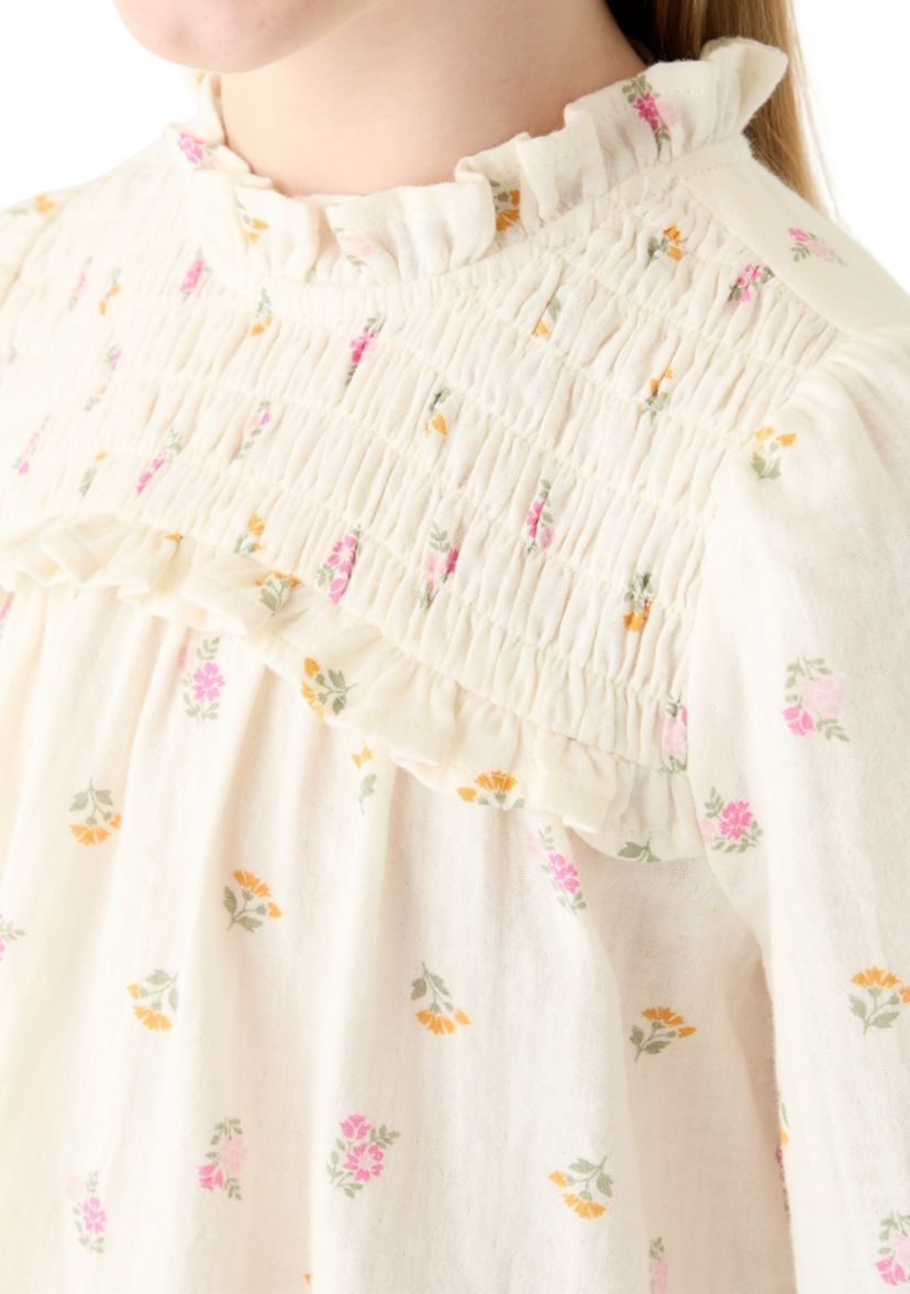 Girls 7-16 Long Sleeve Ruffle Neck Printed Top