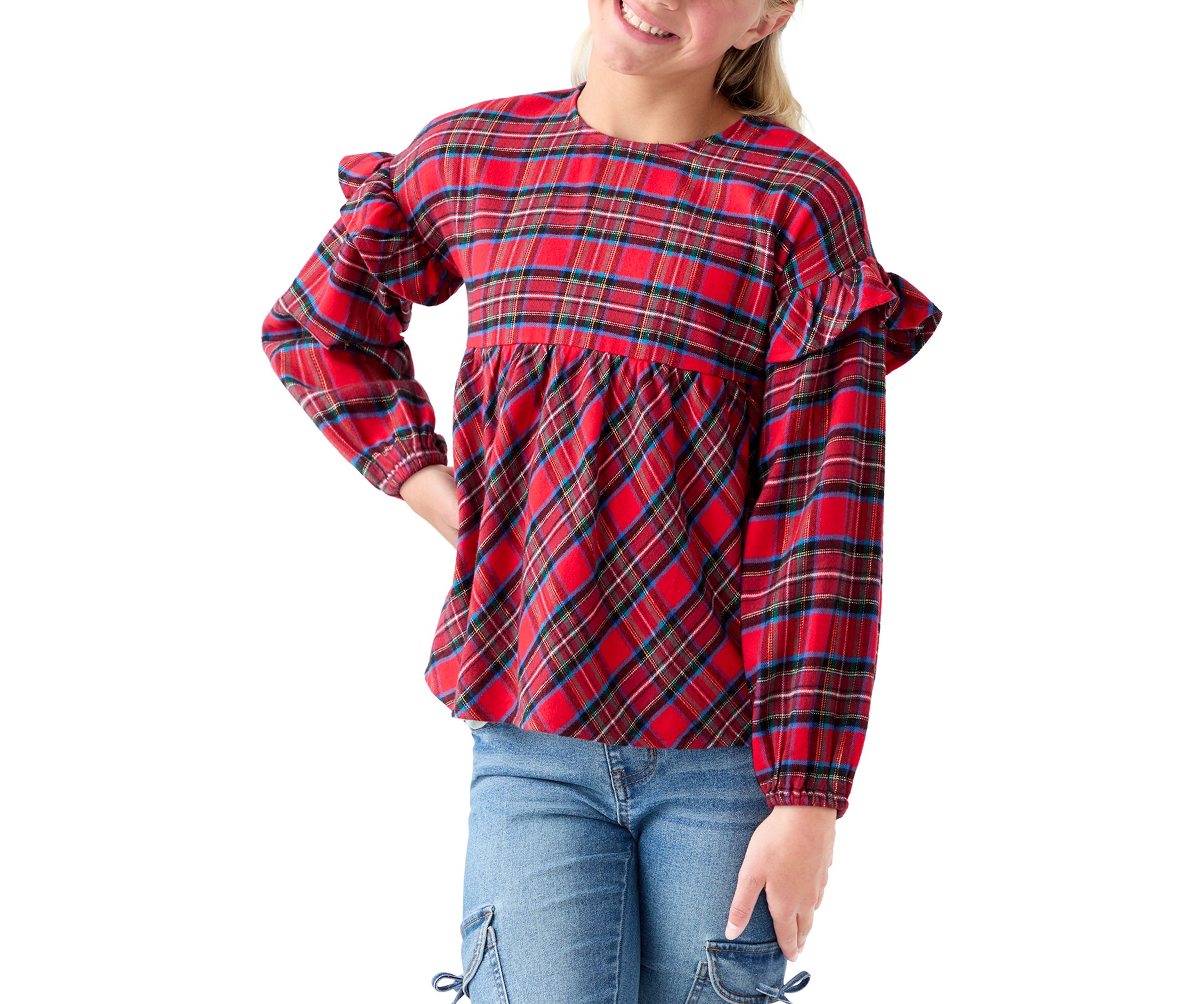 Girls 7-16 Long Sleeve Ruffle Shoulder Plaid Yarn Dye Top 