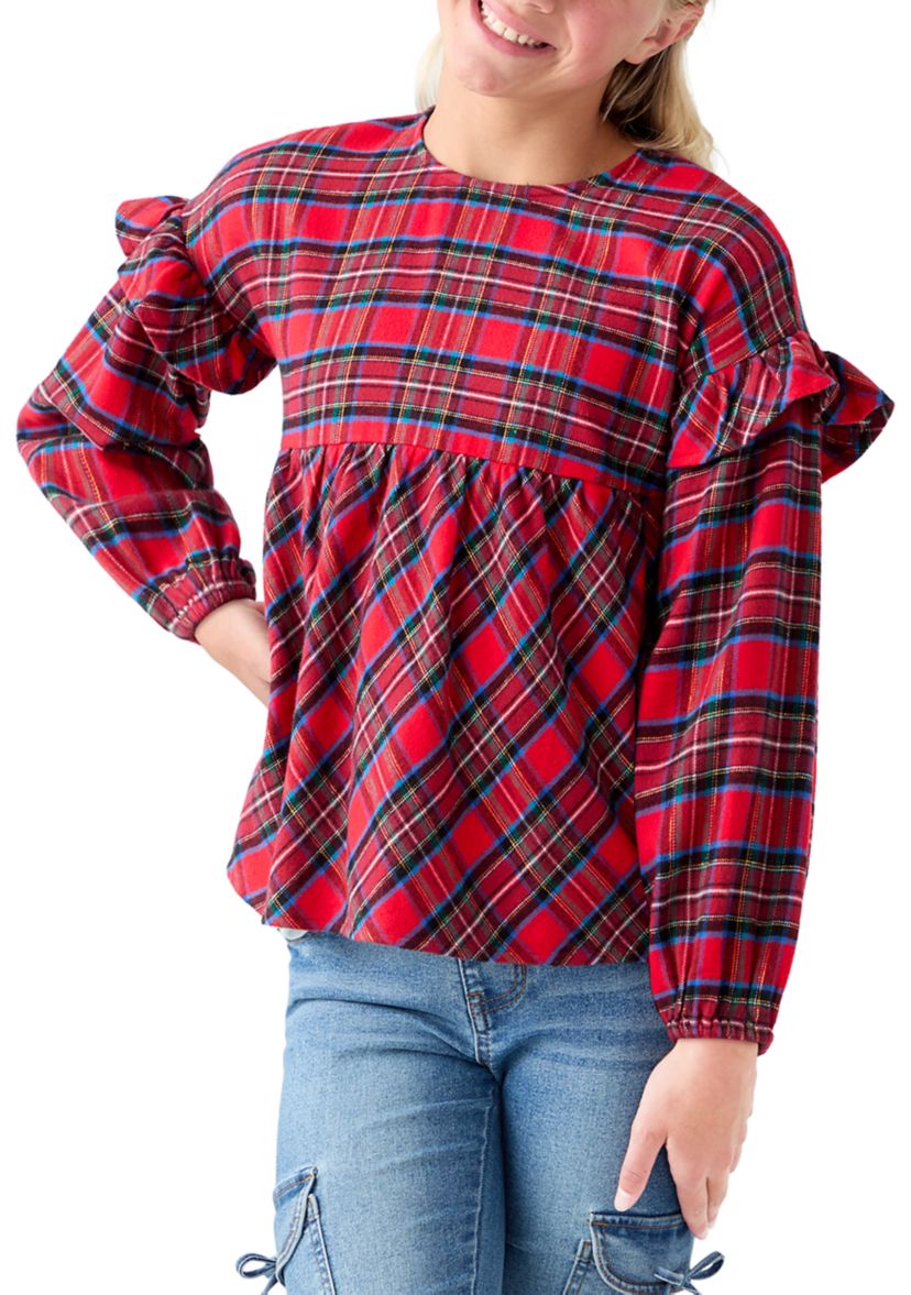 Girls 7-16 Long Sleeve Ruffle Shoulder Plaid Yarn Dye Top 