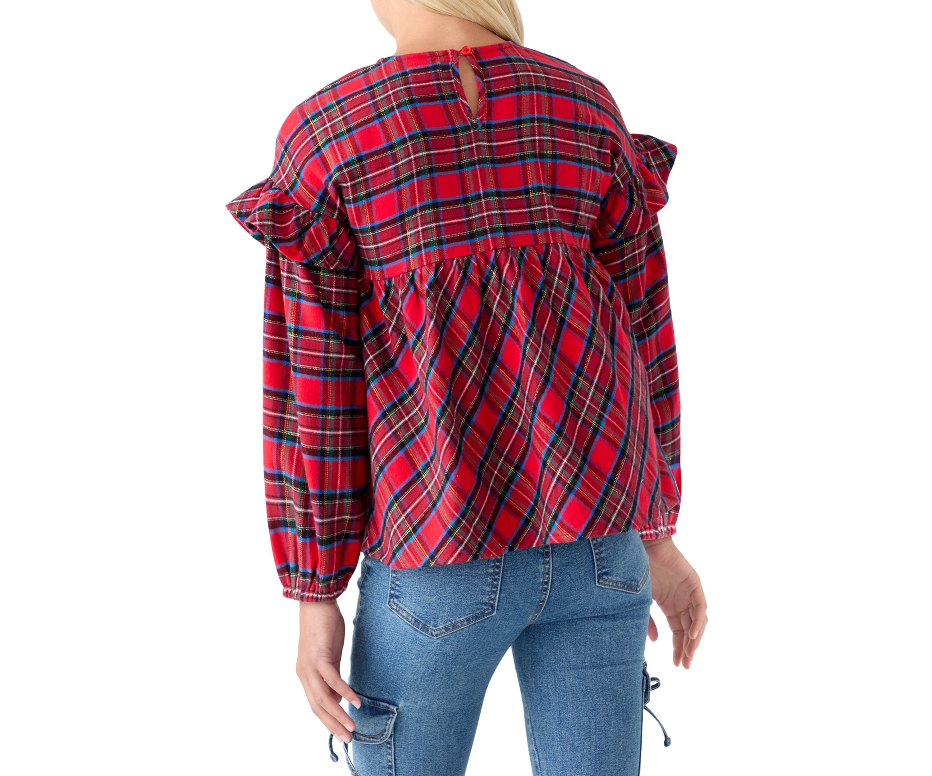 Girls 7-16 Long Sleeve Ruffle Shoulder Plaid Yarn Dye Top 
