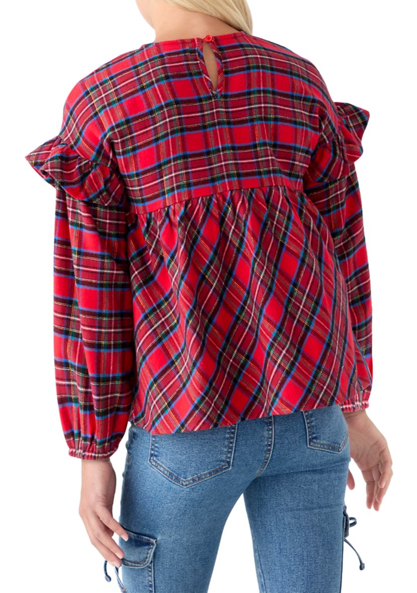 Girls 7-16 Long Sleeve Ruffle Shoulder Plaid Yarn Dye Top 