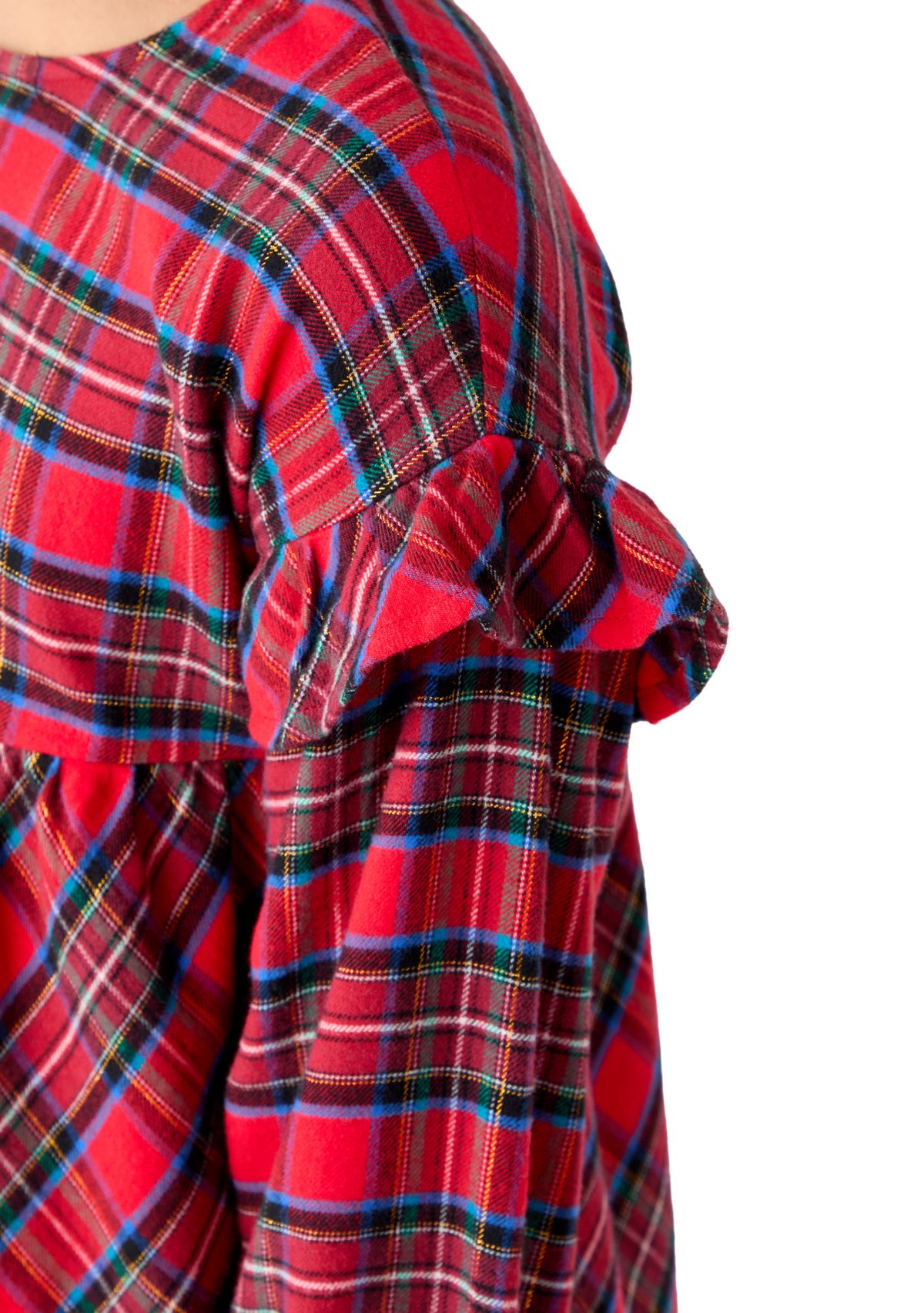 Girls 7-16 Long Sleeve Ruffle Shoulder Plaid Yarn Dye Top 