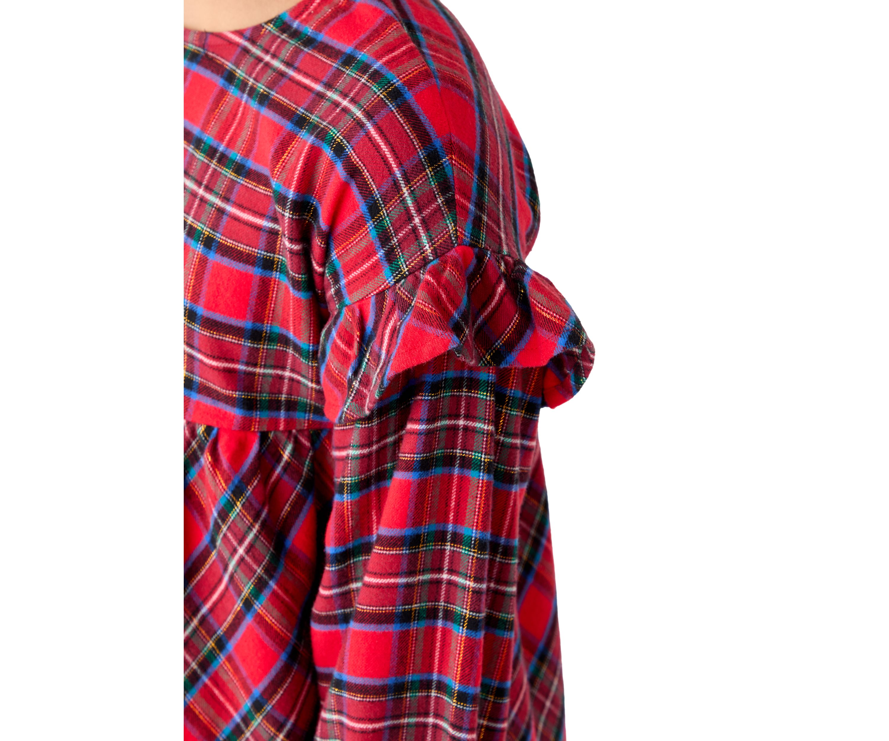 Girls 7-16 Long Sleeve Ruffle Shoulder Plaid Yarn Dye Top 