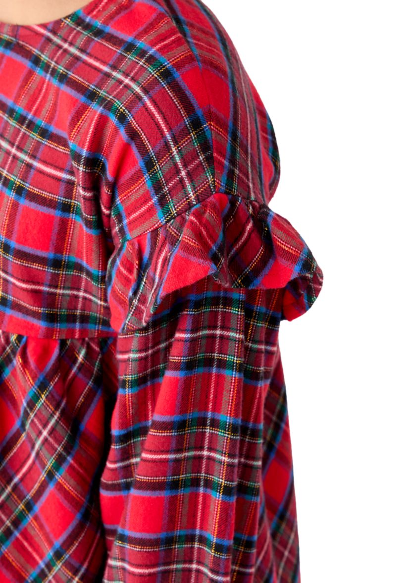Girls 7-16 Long Sleeve Ruffle Shoulder Plaid Yarn Dye Top 