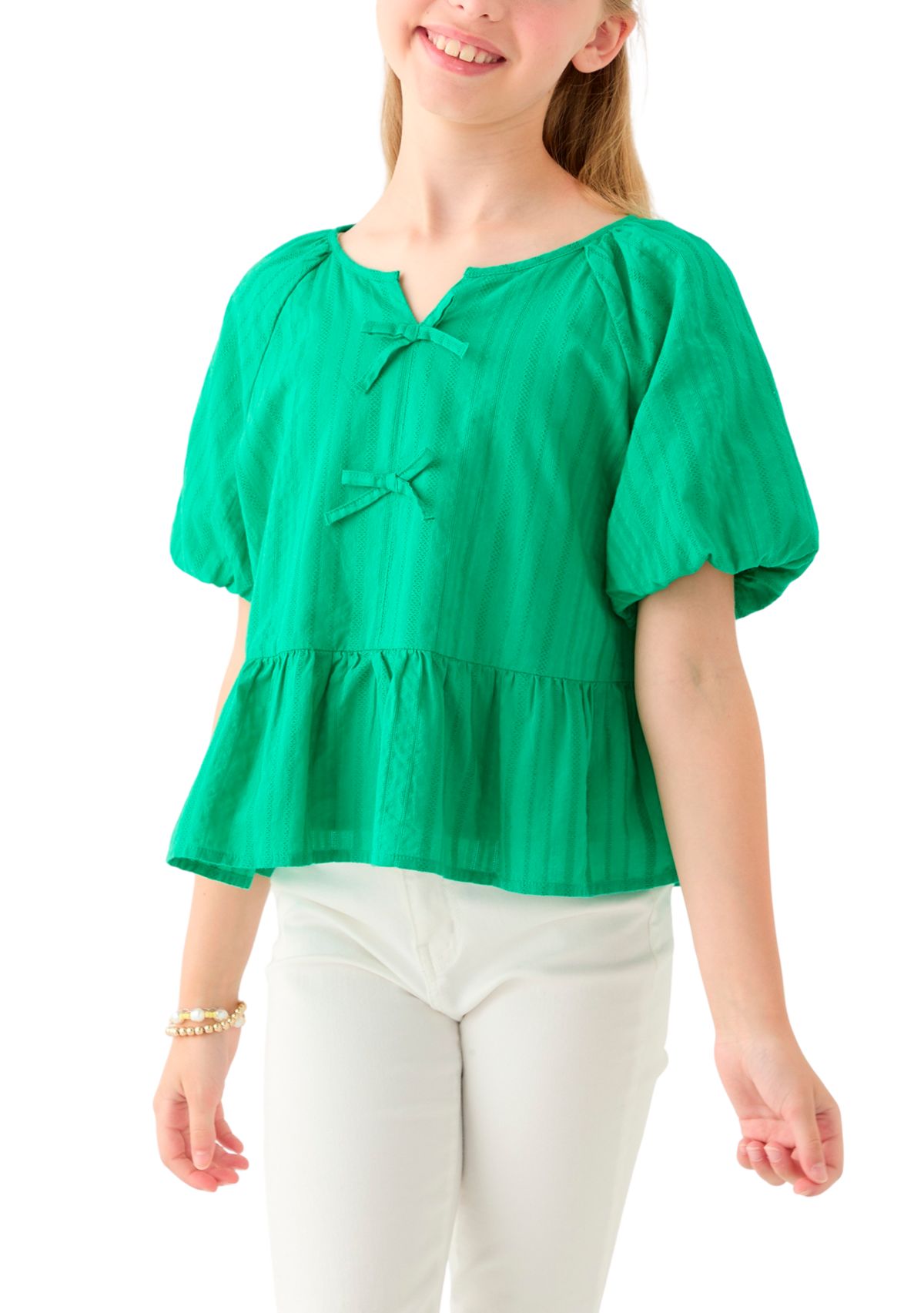 Girls 7-16 Bow Front Puff Sleeve Babydoll Top