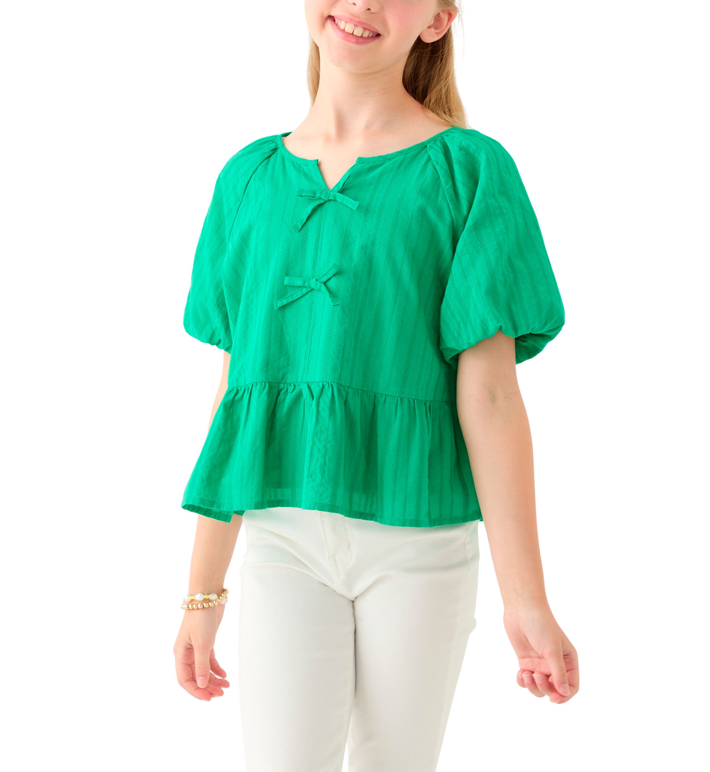 Girls 7-16 Bow Front Puff Sleeve Babydoll Top