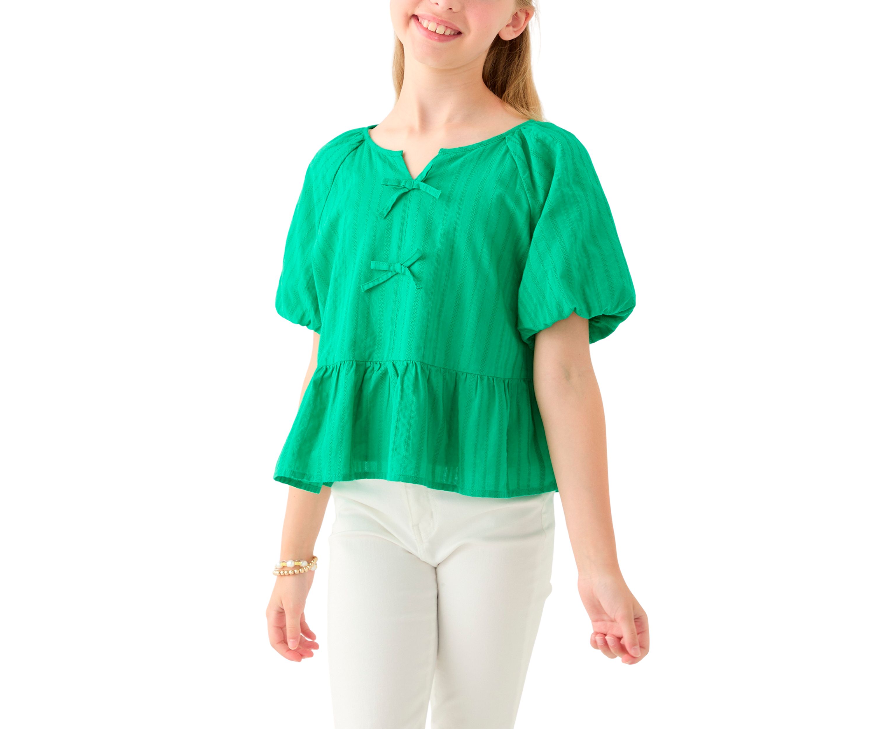 Girls 7-16 Bow Front Puff Sleeve Babydoll Top