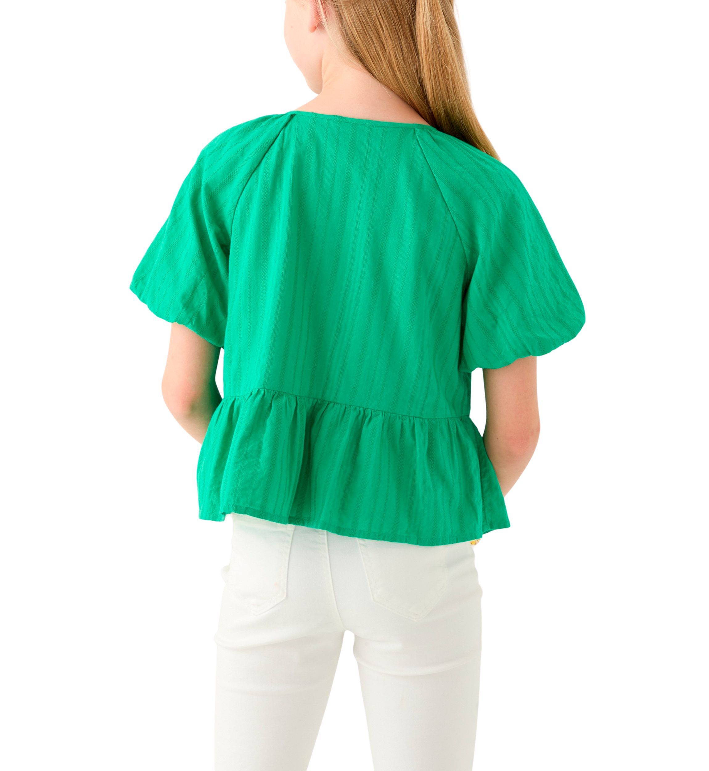 Girls 7-16 Bow Front Puff Sleeve Babydoll Top