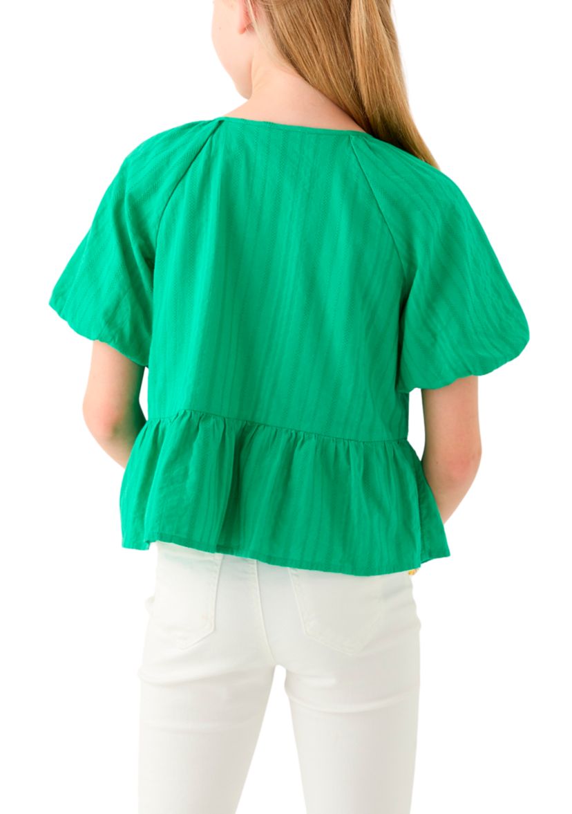 Girls 7-16 Bow Front Puff Sleeve Babydoll Top