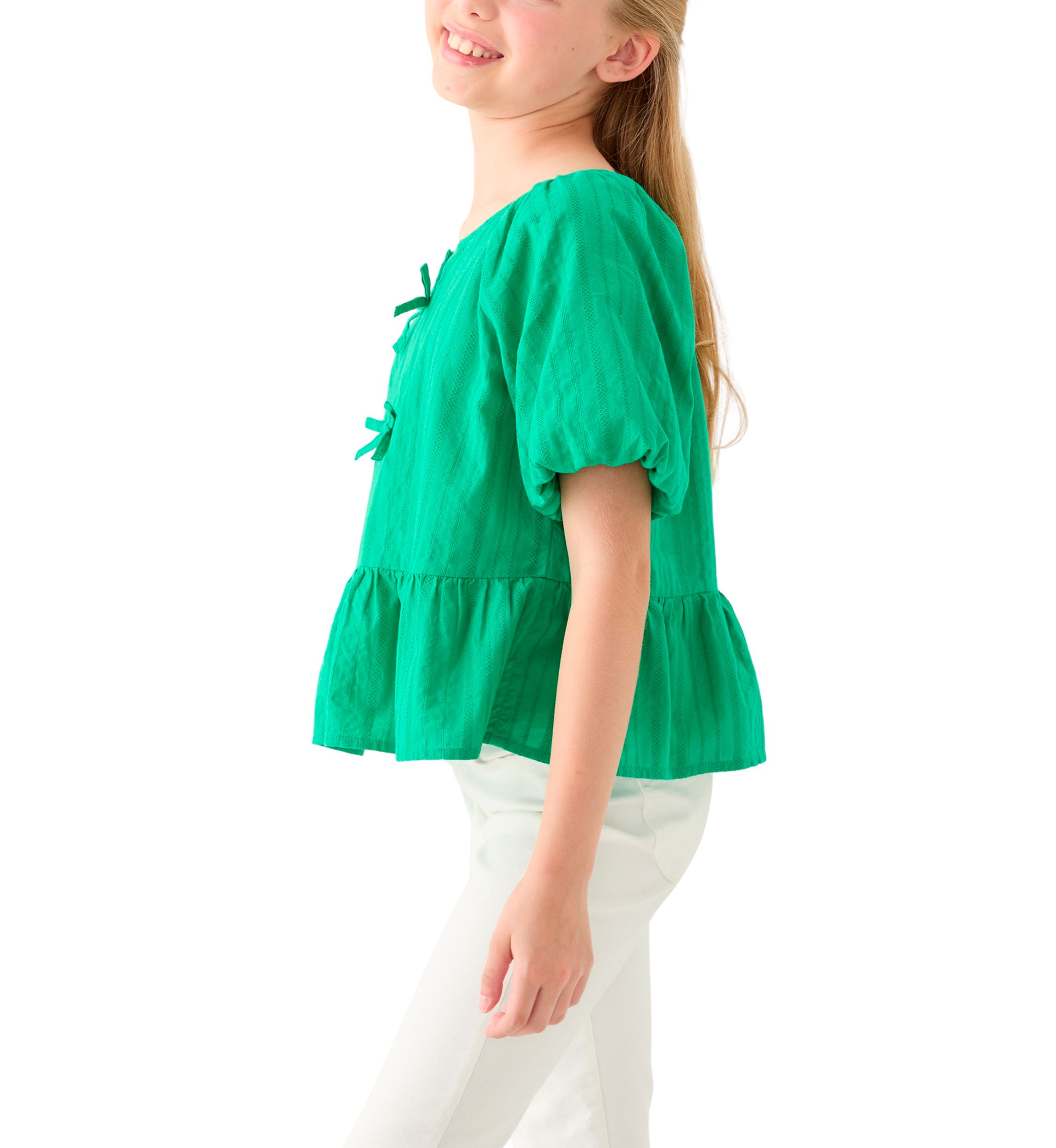 Girls 7-16 Bow Front Puff Sleeve Babydoll Top