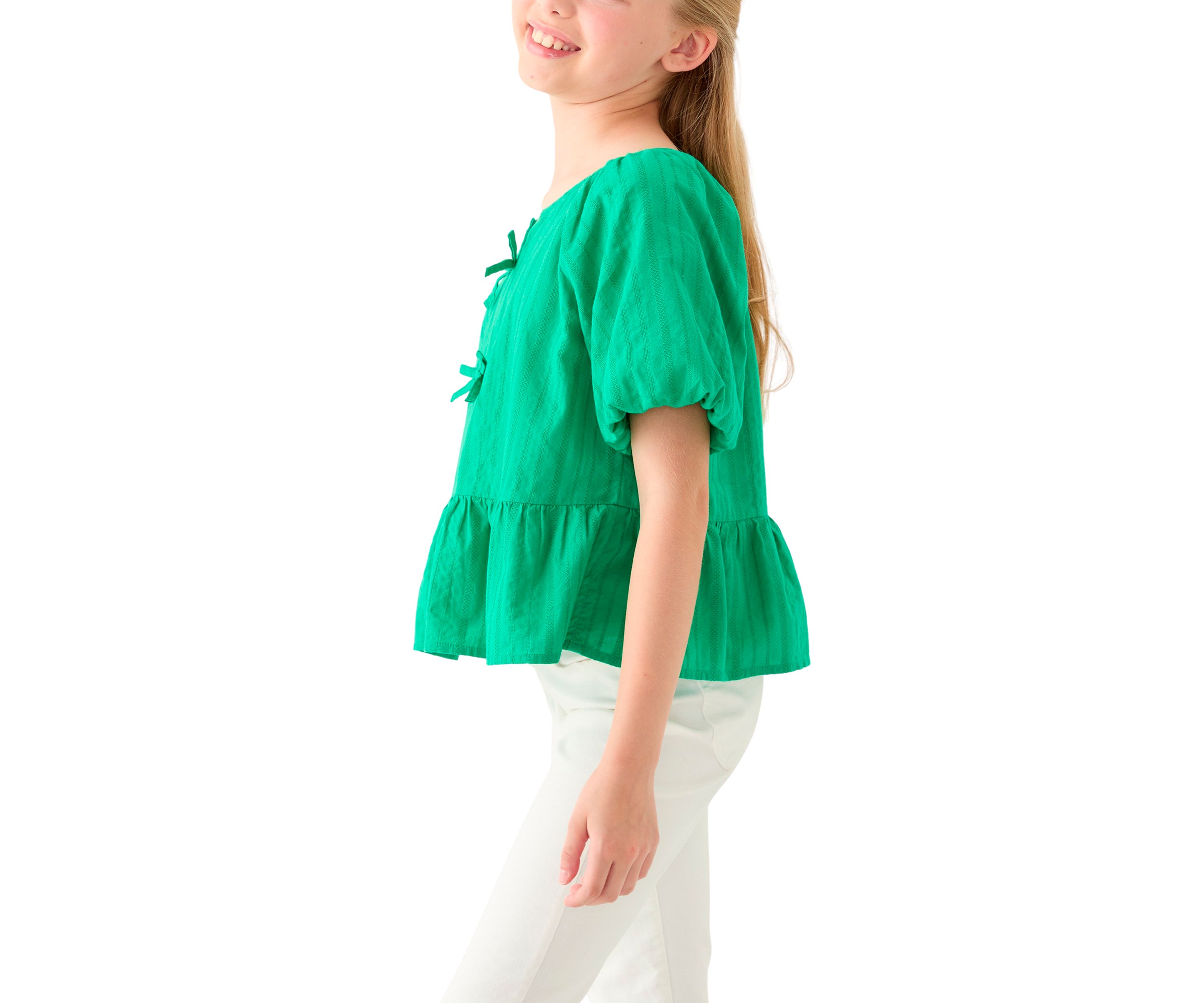 Girls 7-16 Bow Front Puff Sleeve Babydoll Top