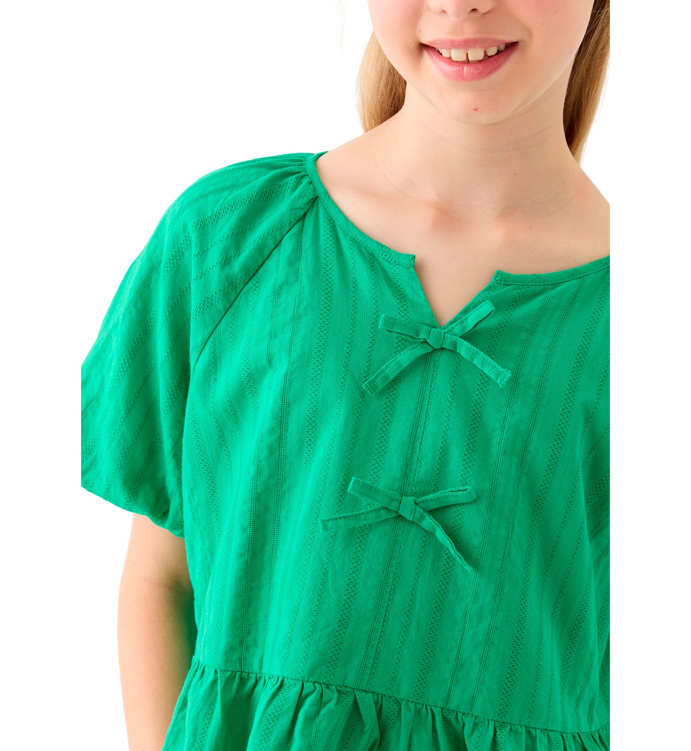 Girls 7-16 Bow Front Puff Sleeve Babydoll Top