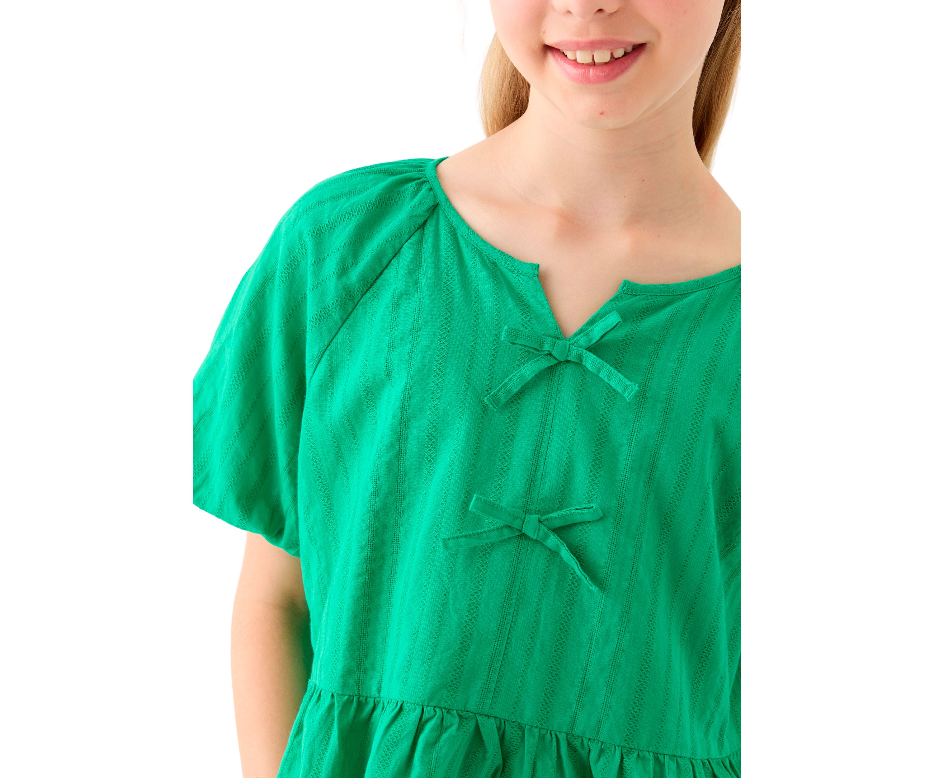 Girls 7-16 Bow Front Puff Sleeve Babydoll Top